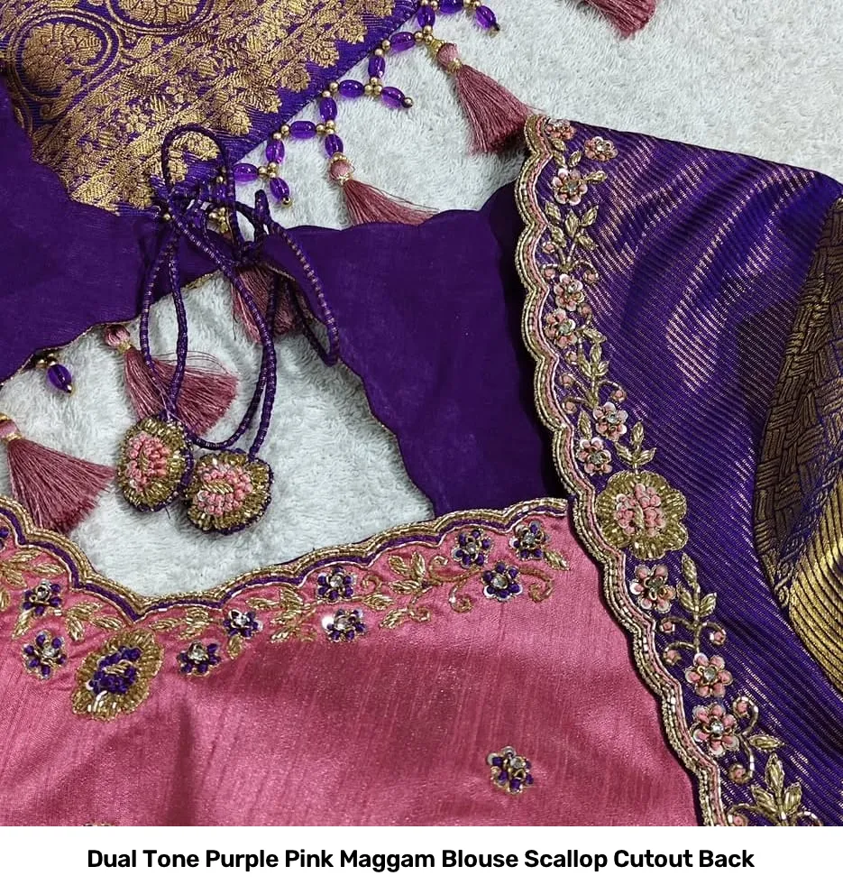 Dual Tone Purple Pink Maggam Blouse Scallop Cutout Back 4