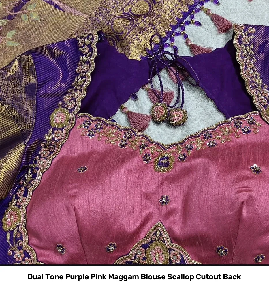 Dual Tone Purple Pink Maggam Blouse Scallop Cutout Back 5