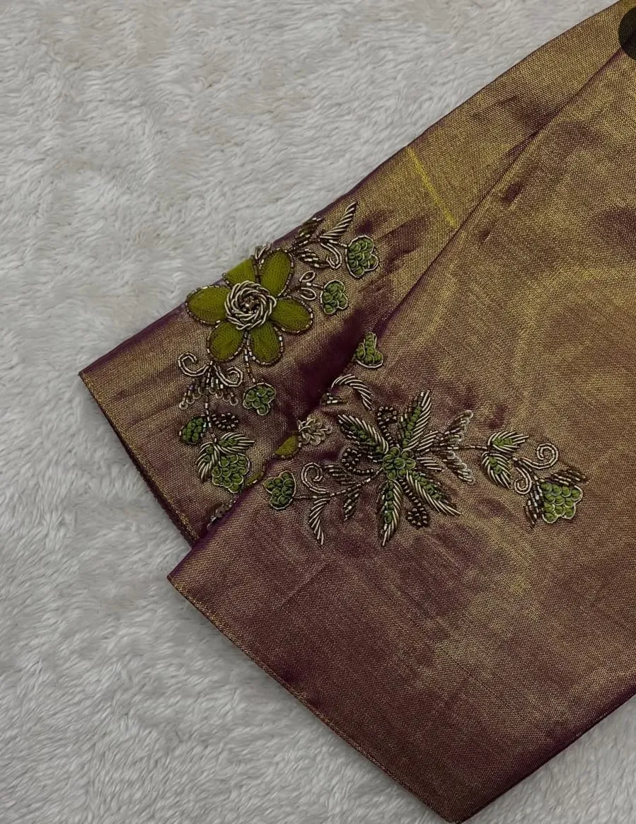 Dual-Tone Wine Gold Tissue Silk Blouse | Handcrafted Zardozi Floral Motif Maggam Work Saree Blouse