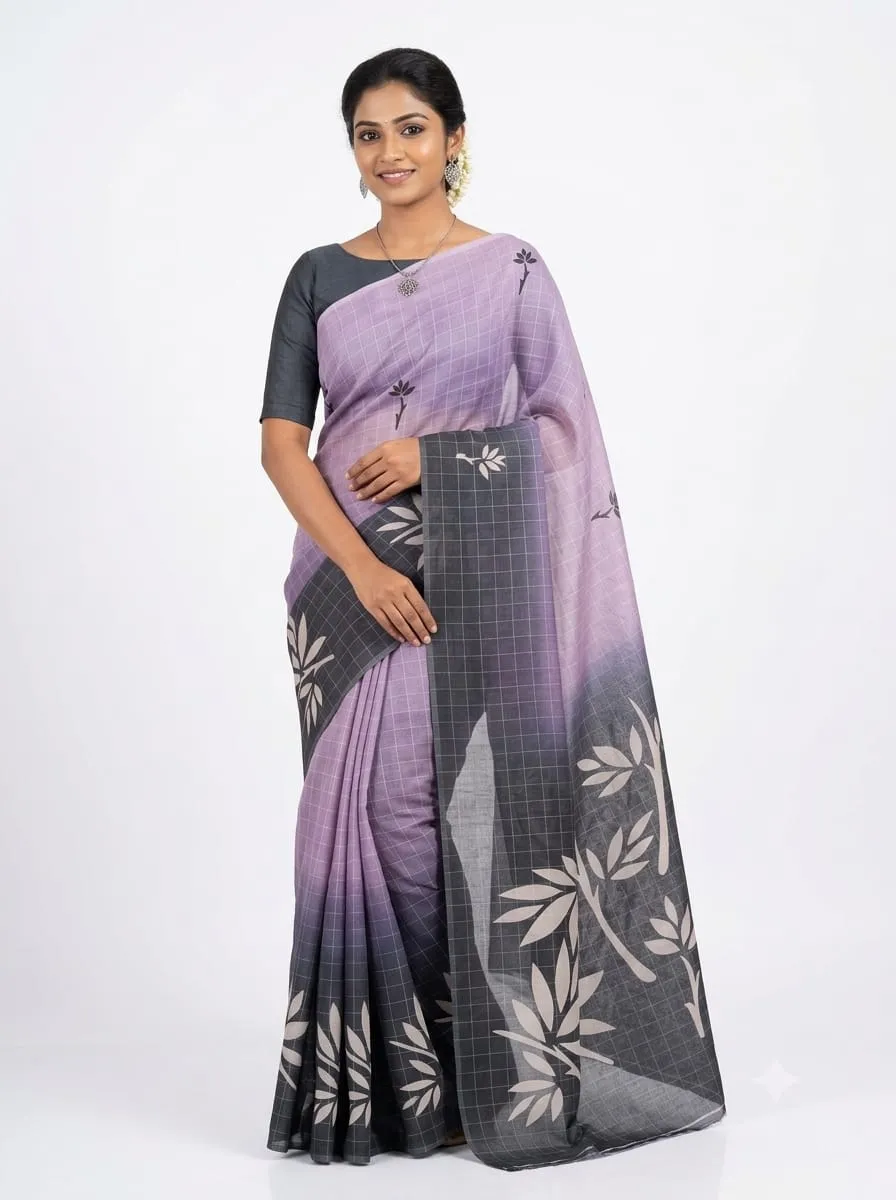 Dual Tone Zari Tissue Saree with Checks & Foliage Motif Print – Lightweight Festive Tissue Silk Saree