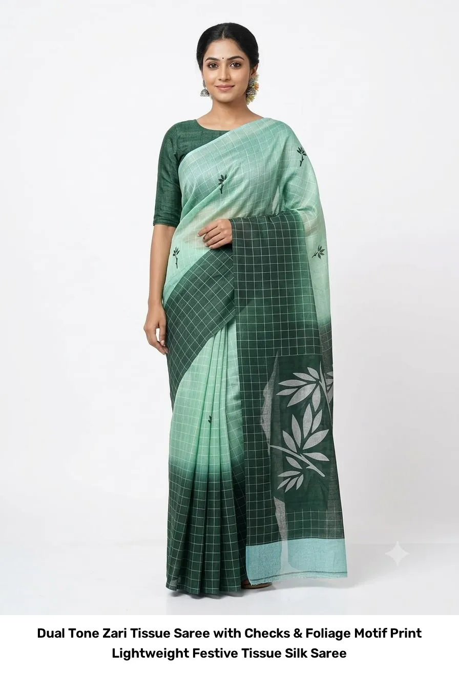 Dual Tone Zari Tissue Saree with Checks & Foliage Motif Print – Lightweight Festive Tissue Silk Saree 2