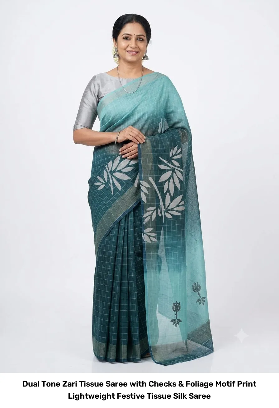 Dual Tone Zari Tissue Saree with Checks & Foliage Motif Print – Lightweight Festive Tissue Silk Saree 3