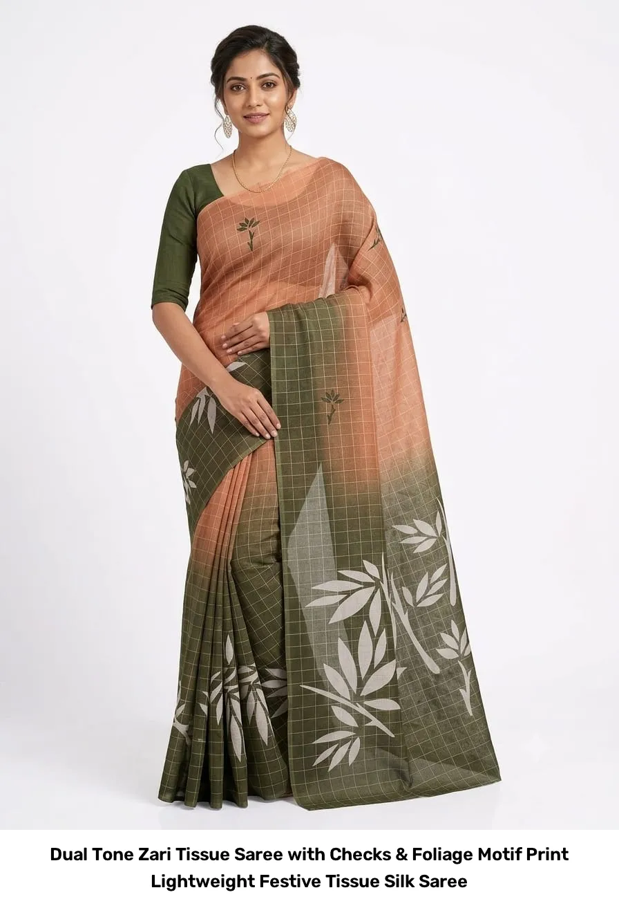 Dual Tone Zari Tissue Saree with Checks & Foliage Motif Print – Lightweight Festive Tissue Silk Saree 4