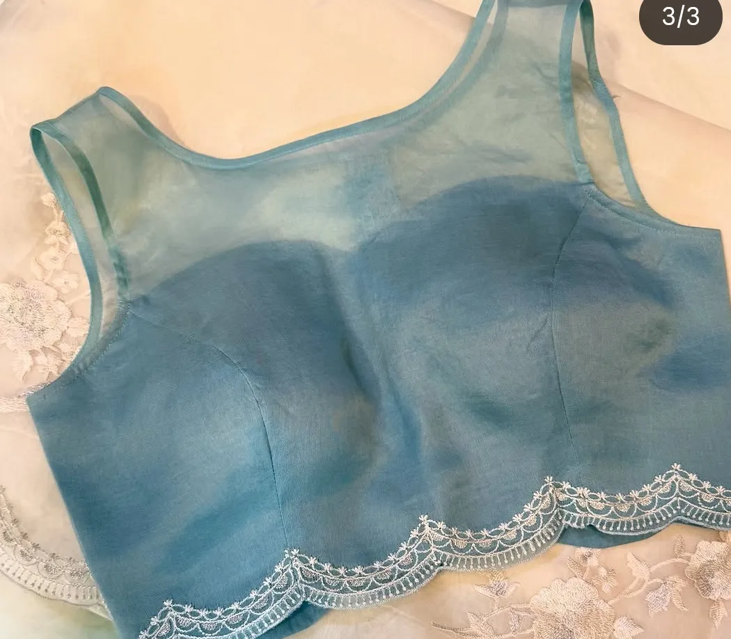 Dusty Blue Illusion Boat Neck Organza Blouse with Scallop Lace Hem
