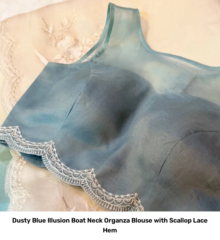 Dusty Blue Illusion Boat Neck Organza Blouse with Scallop Lace Hem 2