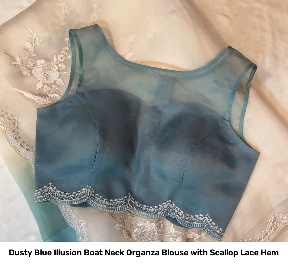 Dusty Blue Illusion Boat Neck Organza Blouse with Scallop Lace Hem 3