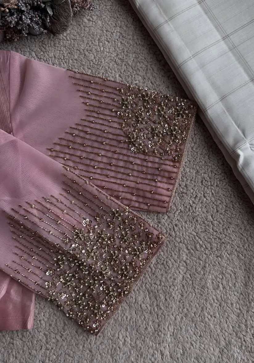 Dusty Pink Illusion Neck Blouse with Sheer Net Pearl Work