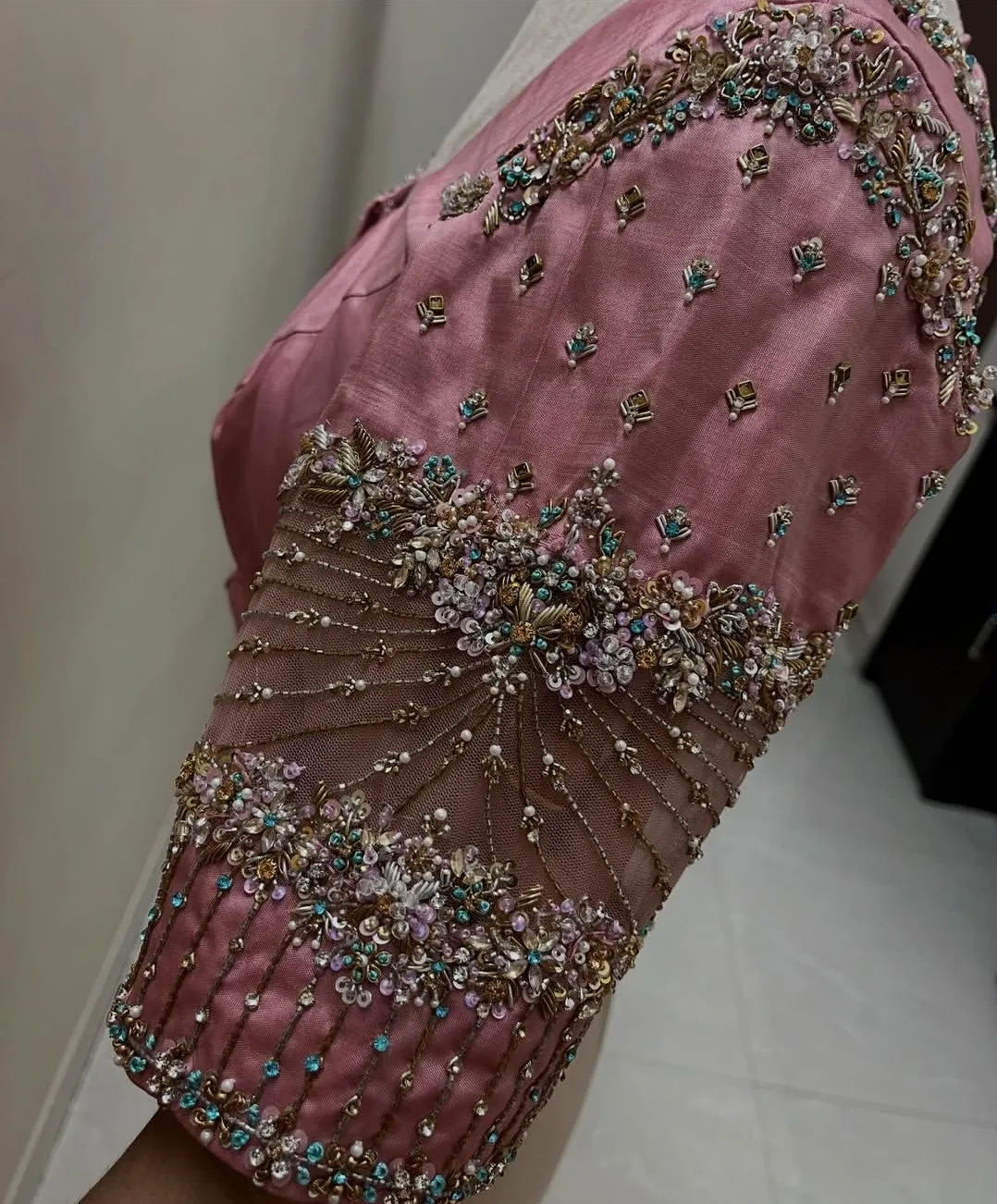 Dusty Pink Silk Bridal Blouse with Pearl Stone Maggam Work