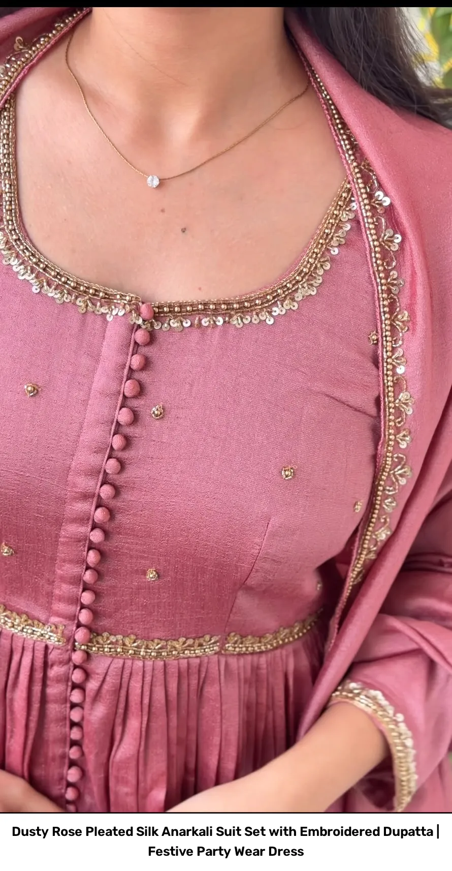 Dusty Rose Pleated Silk Anarkali Suit Set with Embroidered Dupatta | Festive Party Wear Dress 3