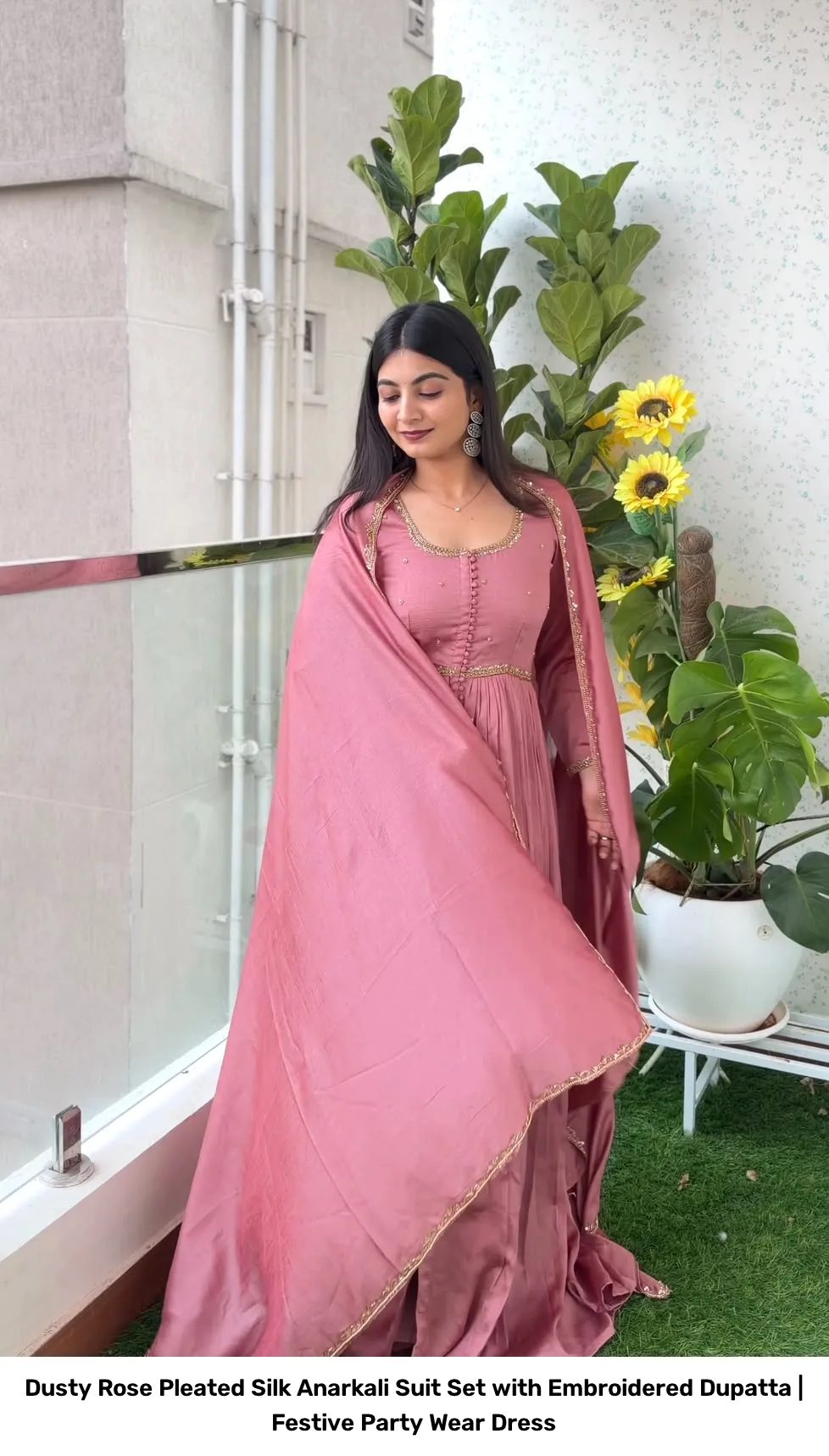 Dusty Rose Pleated Silk Anarkali Suit Set with Embroidered Dupatta | Festive Party Wear Dress 4