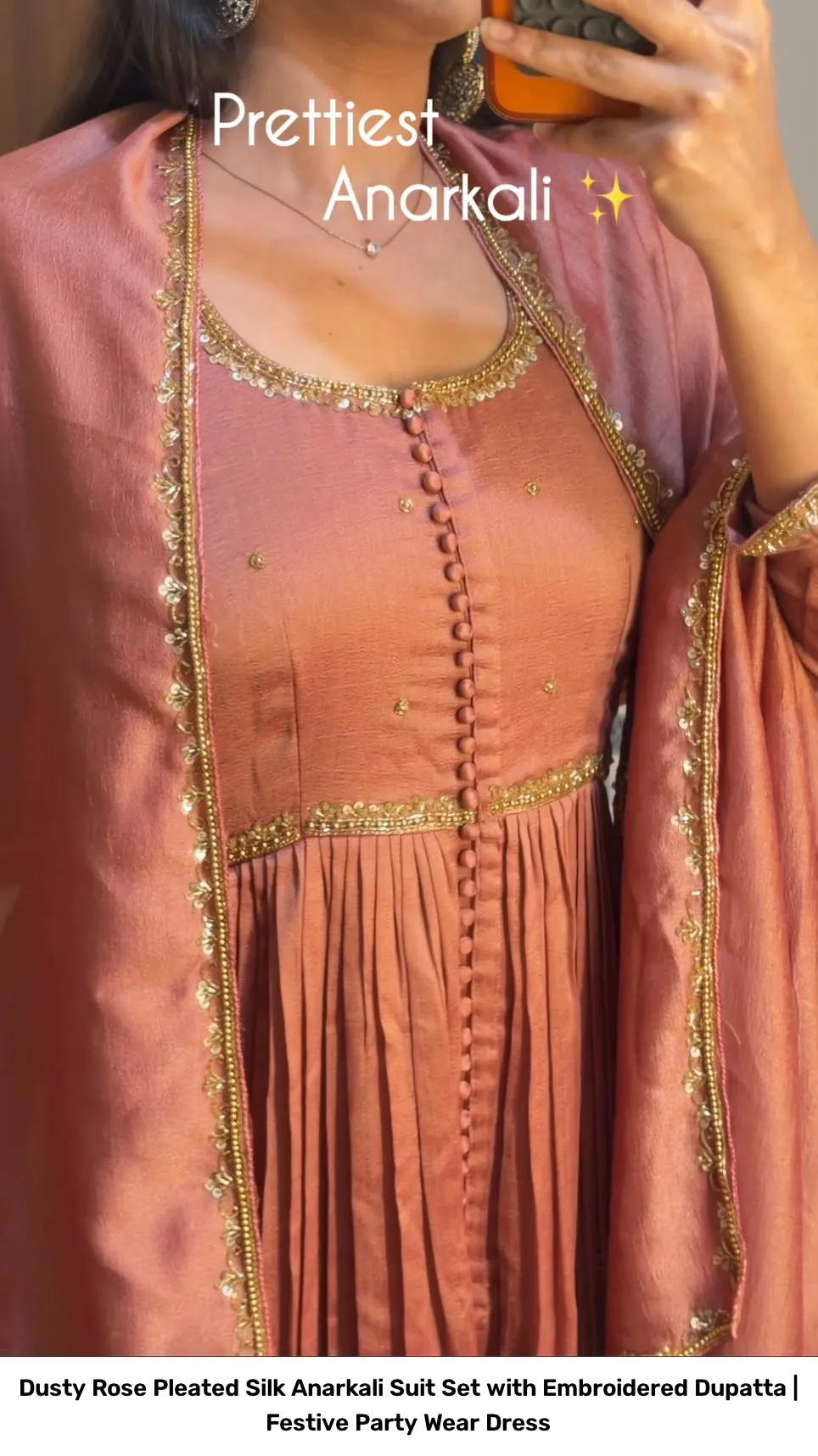 Dusty Rose Pleated Silk Anarkali Suit Set with Embroidered Dupatta | Festive Party Wear Dress 5