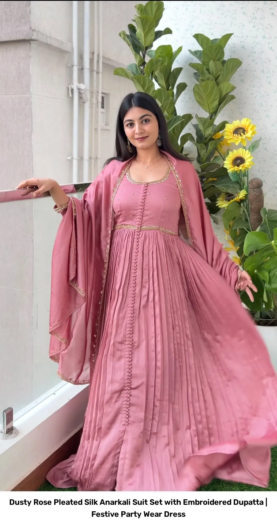 Dusty Rose Pleated Silk Anarkali Suit Set with Embroidered Dupatta | Festive Party Wear Dress 6