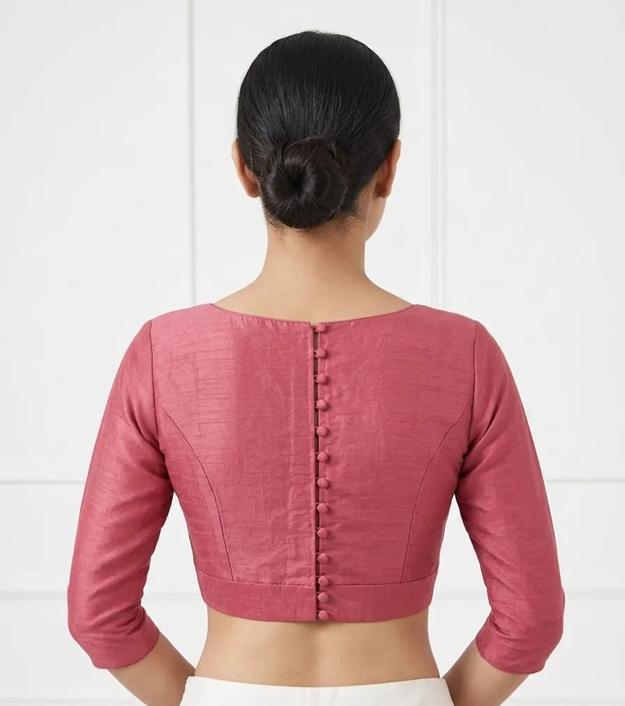 Dusty Rose Raw Silk Readymade Blouse with Sweetheart Neck & Back Button Detailing