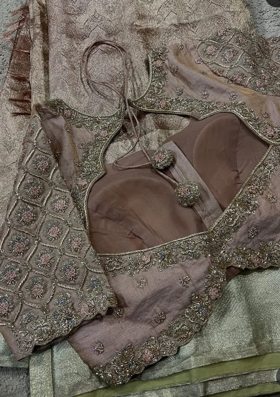 Dusty Rose Raw Silk Saree Blouse | Jaal Cutwork Sleeves & Zardozi Scalloped Sweetheart Neck Padded Choli
