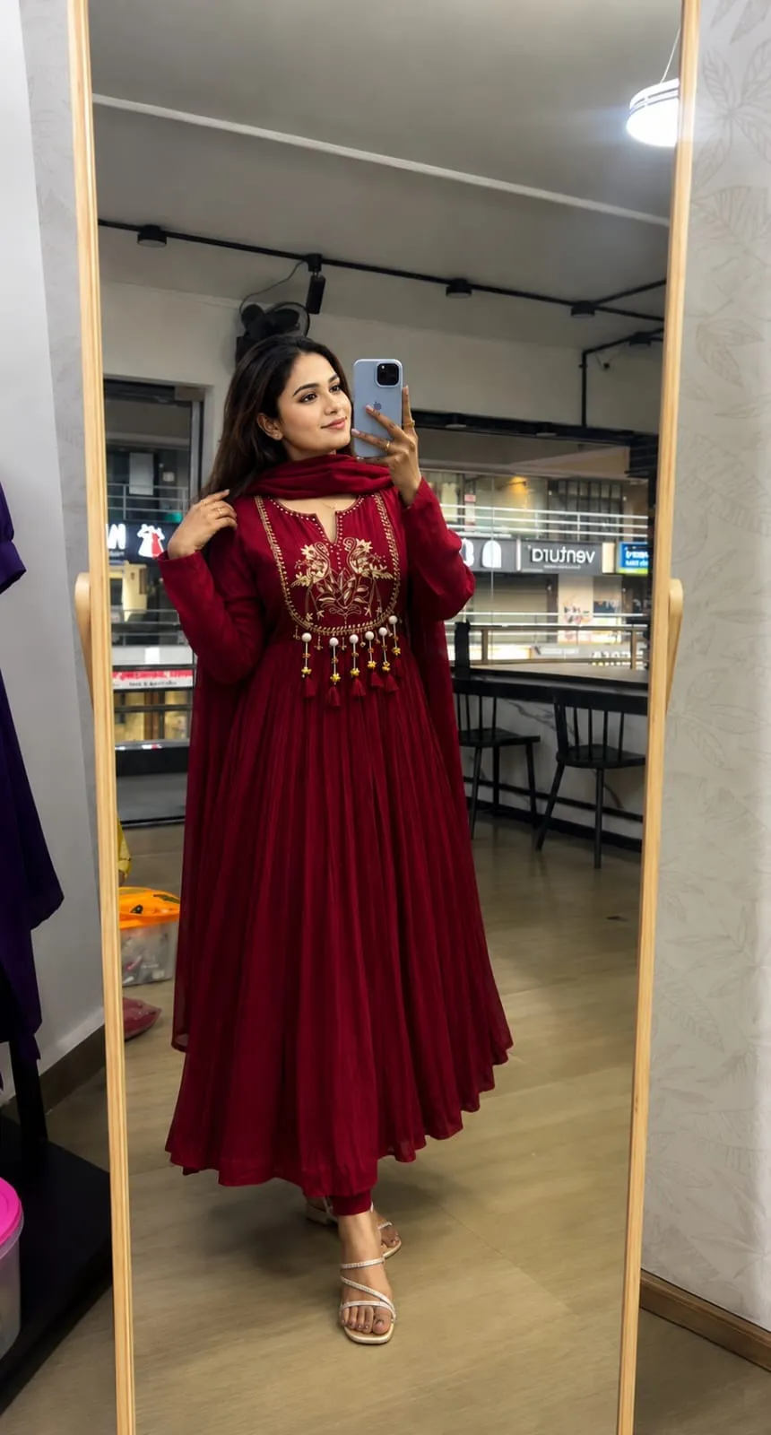 Embroidered Cotton Anarkali Kurta Pant Set with Dupatta