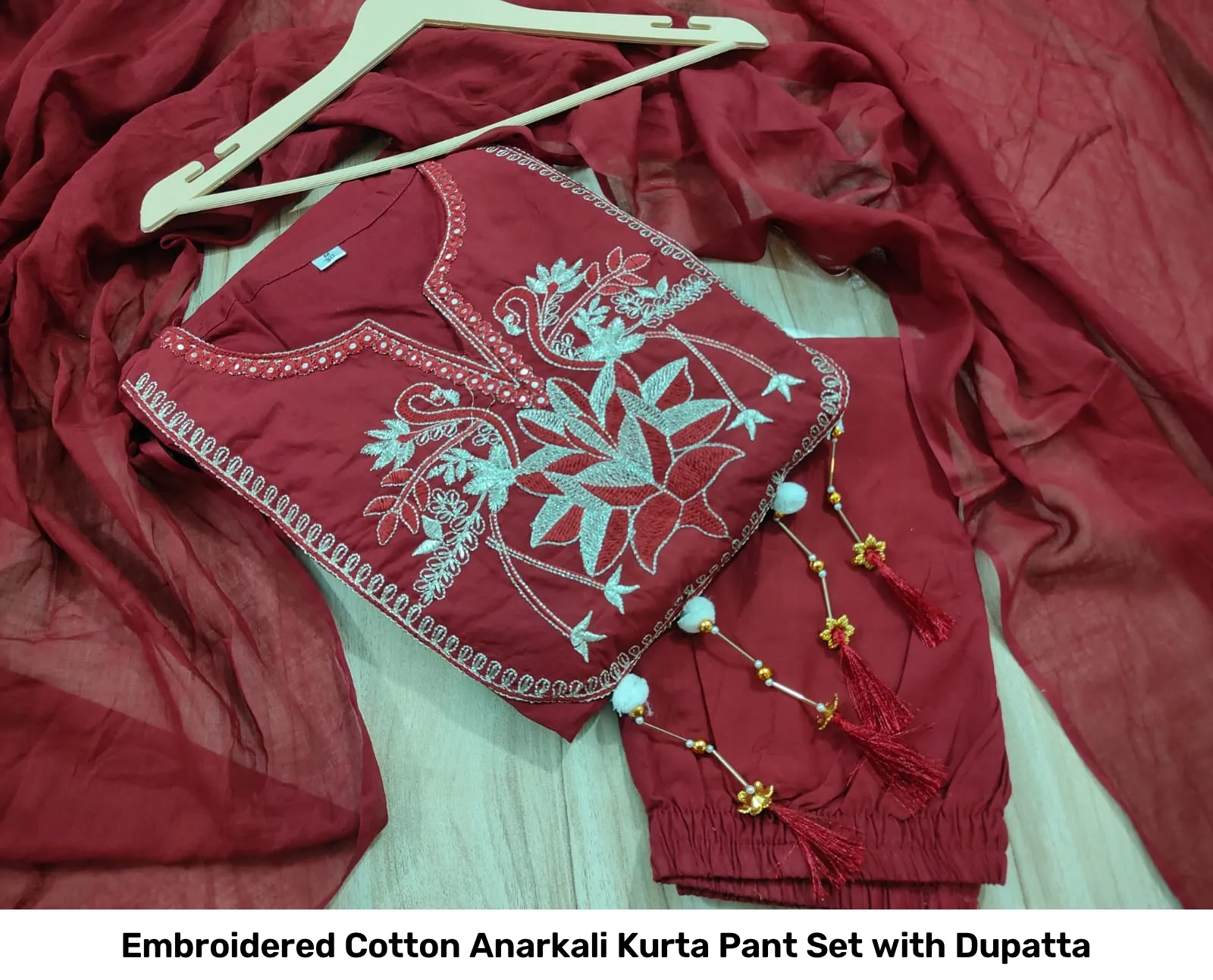 Embroidered Cotton Anarkali Kurta Pant Set with Dupatta 2