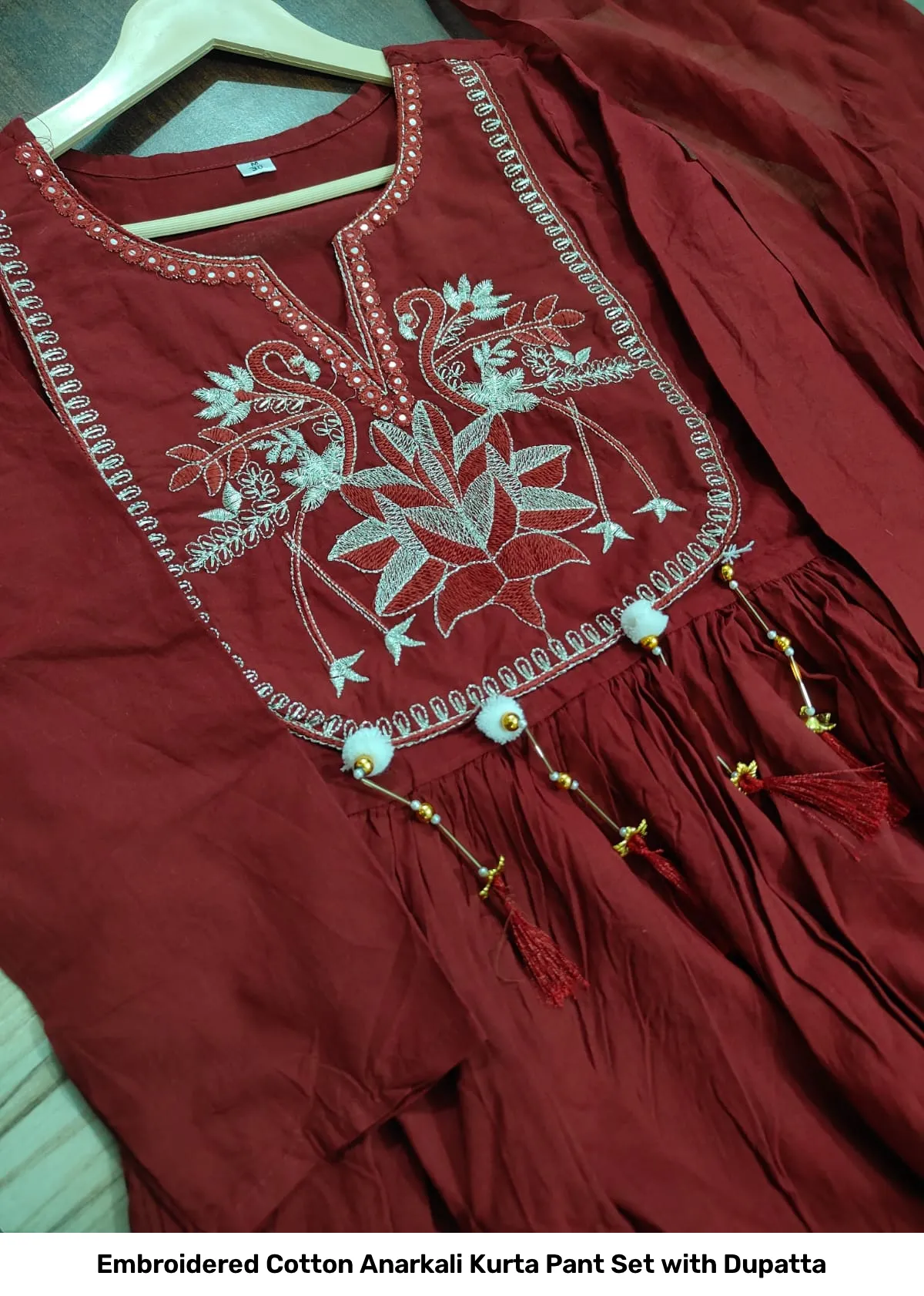 Embroidered Cotton Anarkali Kurta Pant Set with Dupatta 3
