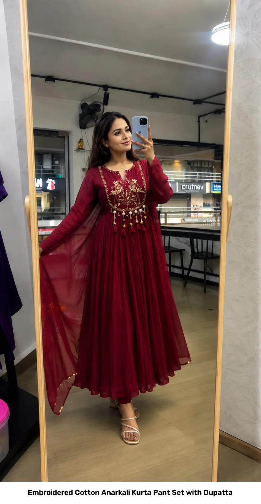 Embroidered Cotton Anarkali Kurta Pant Set with Dupatta 4