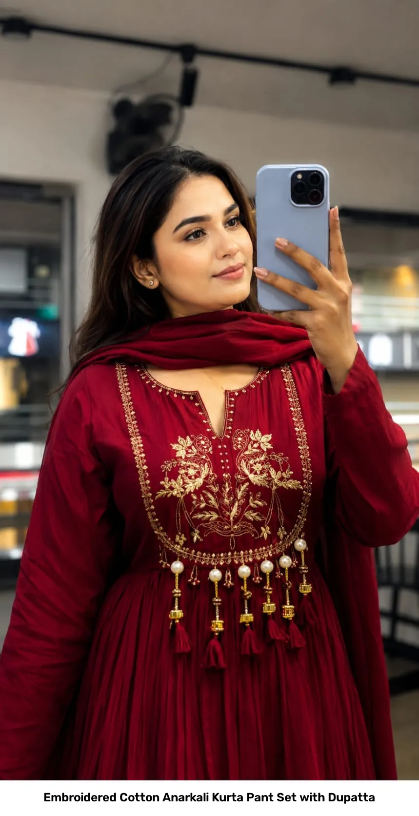 Embroidered Cotton Anarkali Kurta Pant Set with Dupatta 5