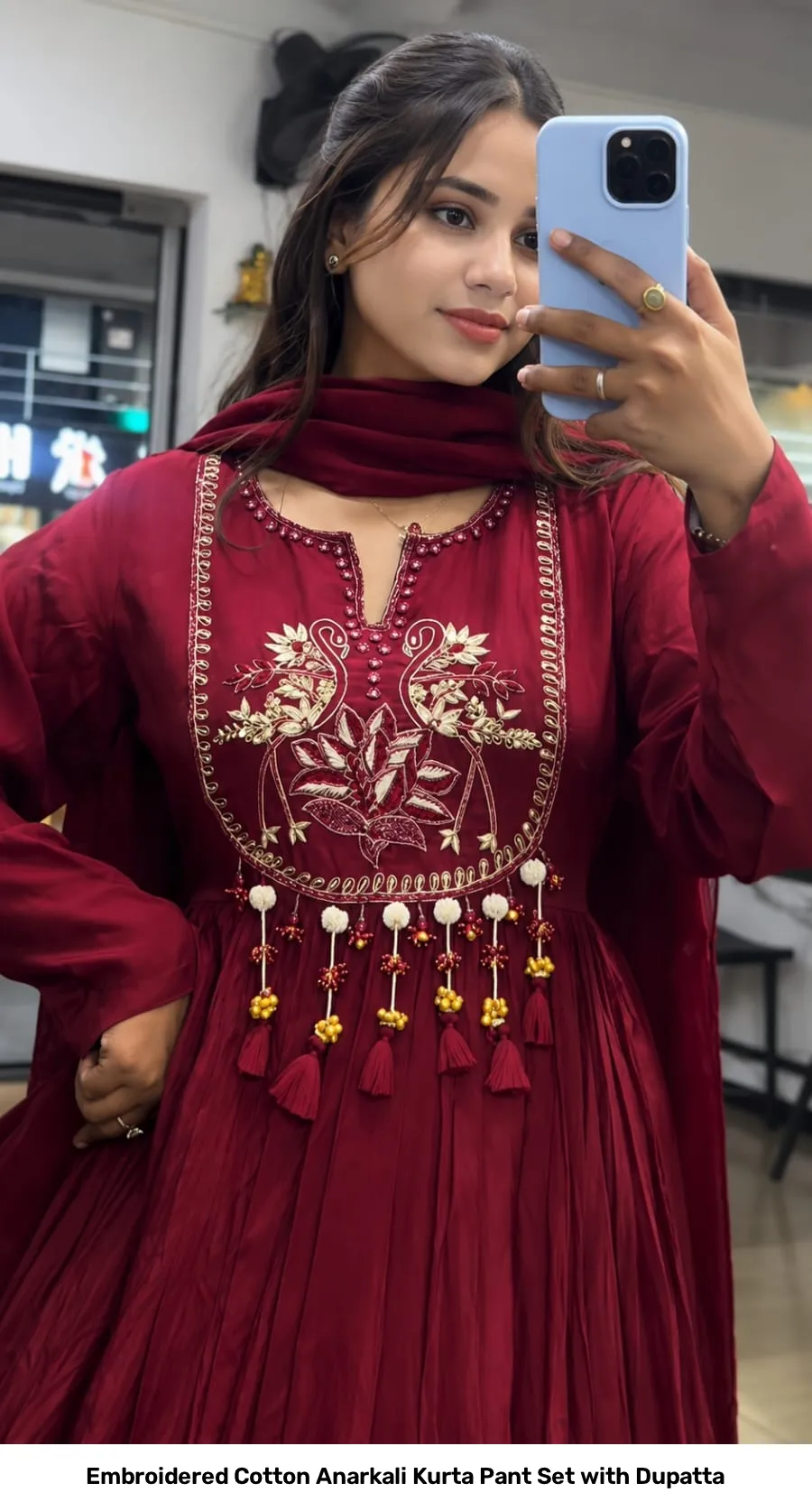 Embroidered Cotton Anarkali Kurta Pant Set with Dupatta 6