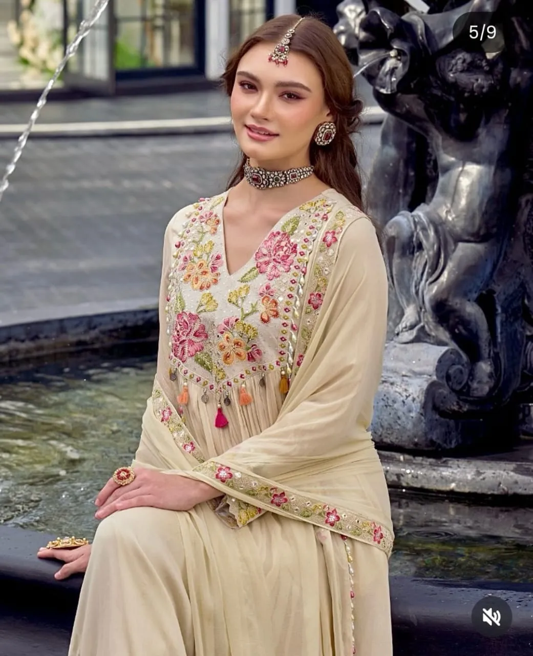Embroidered Cotton Flared A-Line Kurta Pant Set with Mulmul Dupatta – Festive 3-Piece Suit