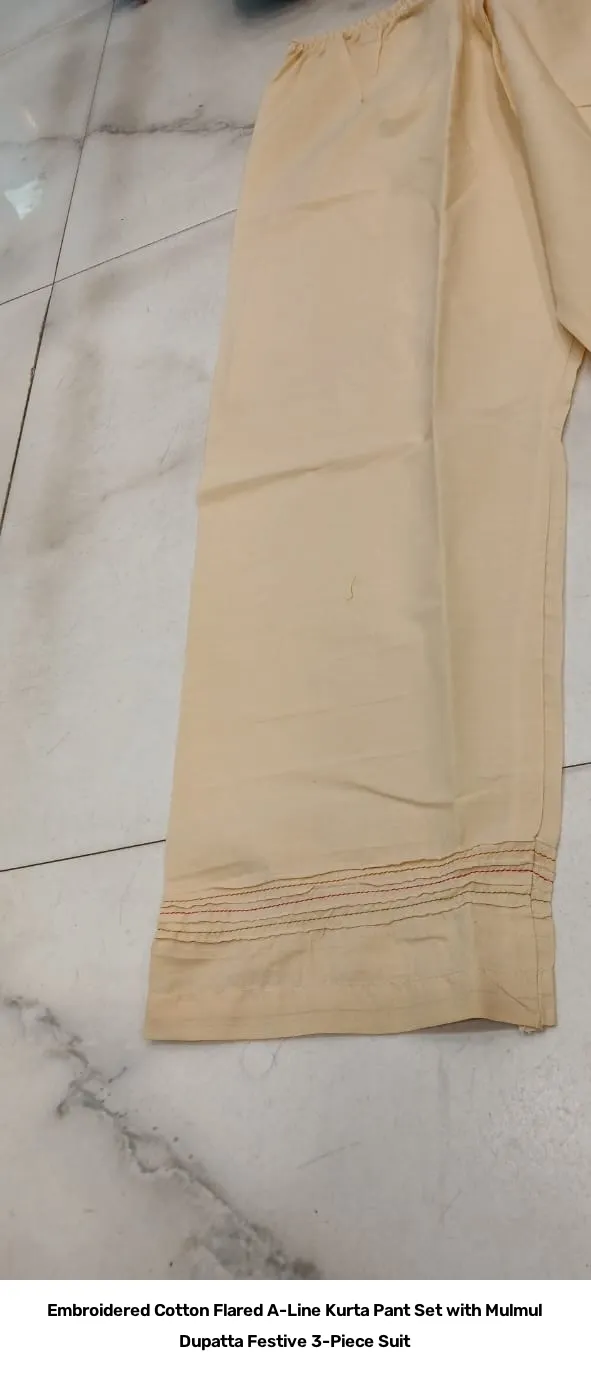 Embroidered Cotton Flared A-Line Kurta Pant Set with Mulmul Dupatta – Festive 3-Piece Suit 10