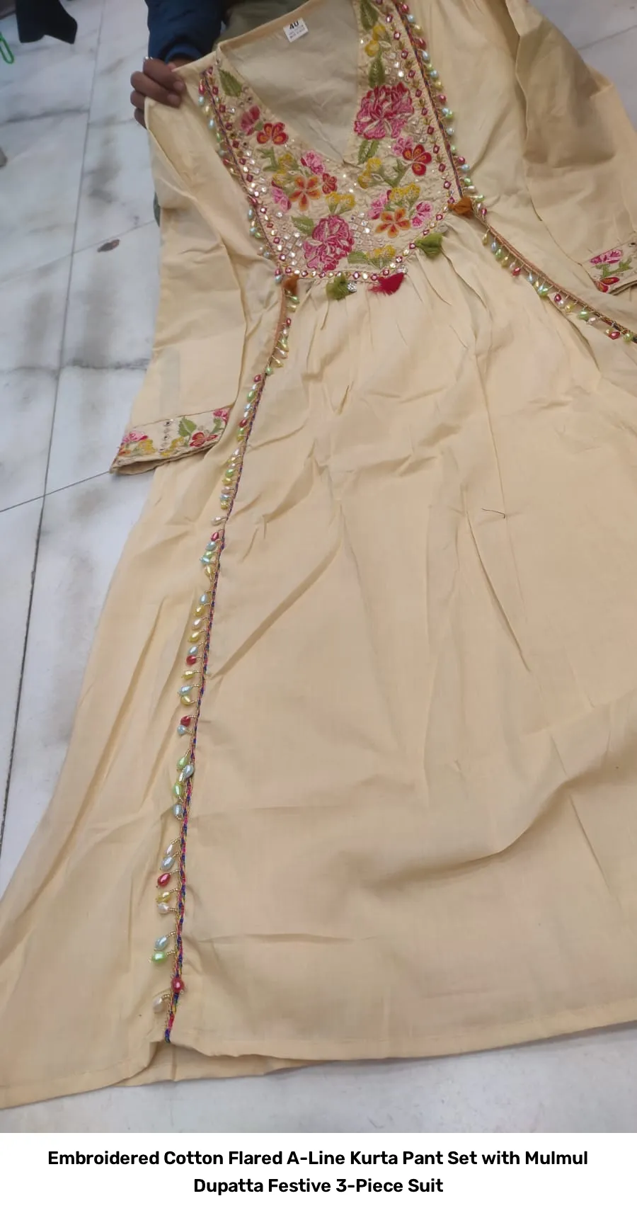 Embroidered Cotton Flared A-Line Kurta Pant Set with Mulmul Dupatta – Festive 3-Piece Suit 11