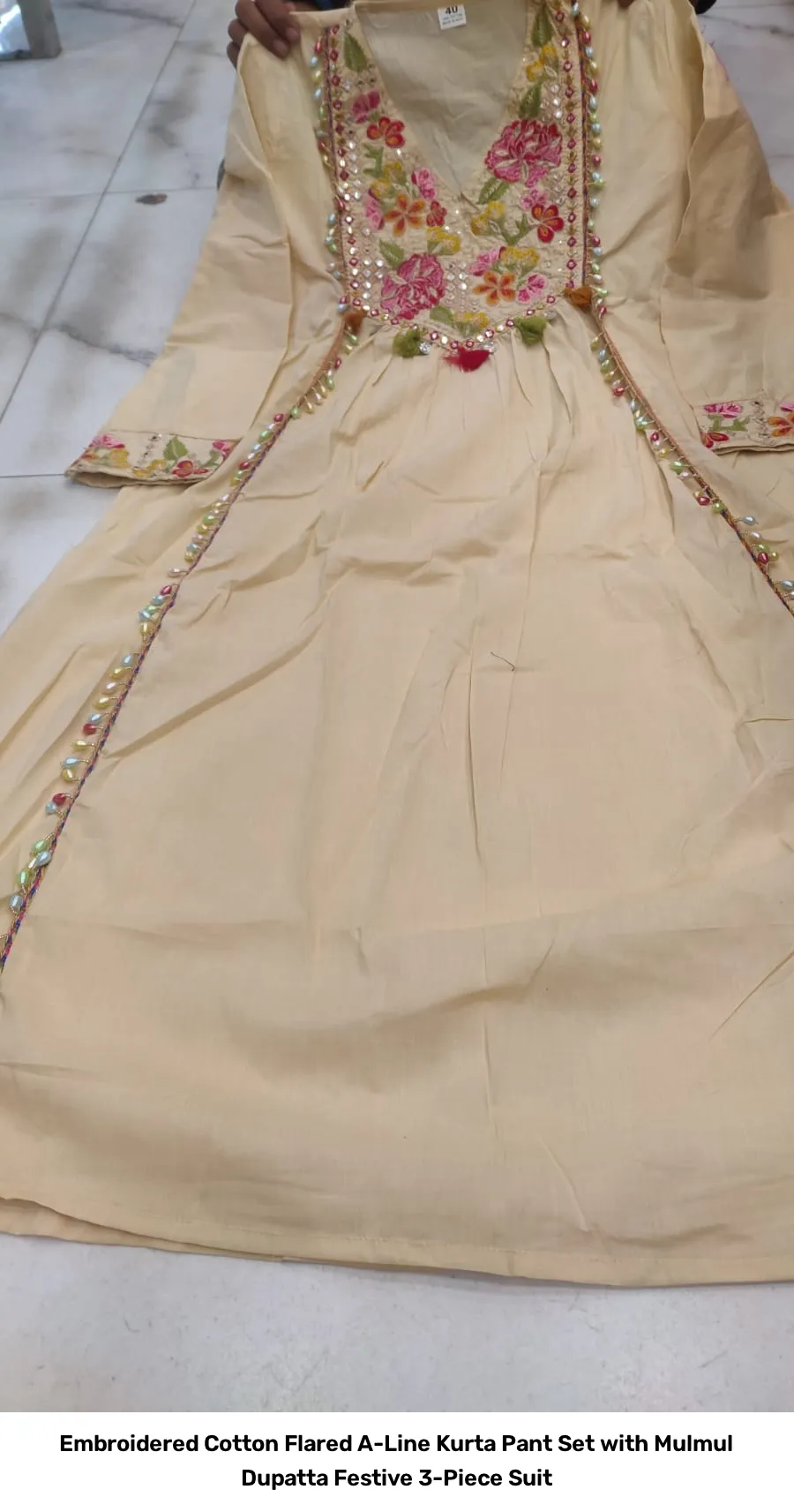Embroidered Cotton Flared A-Line Kurta Pant Set with Mulmul Dupatta – Festive 3-Piece Suit 12
