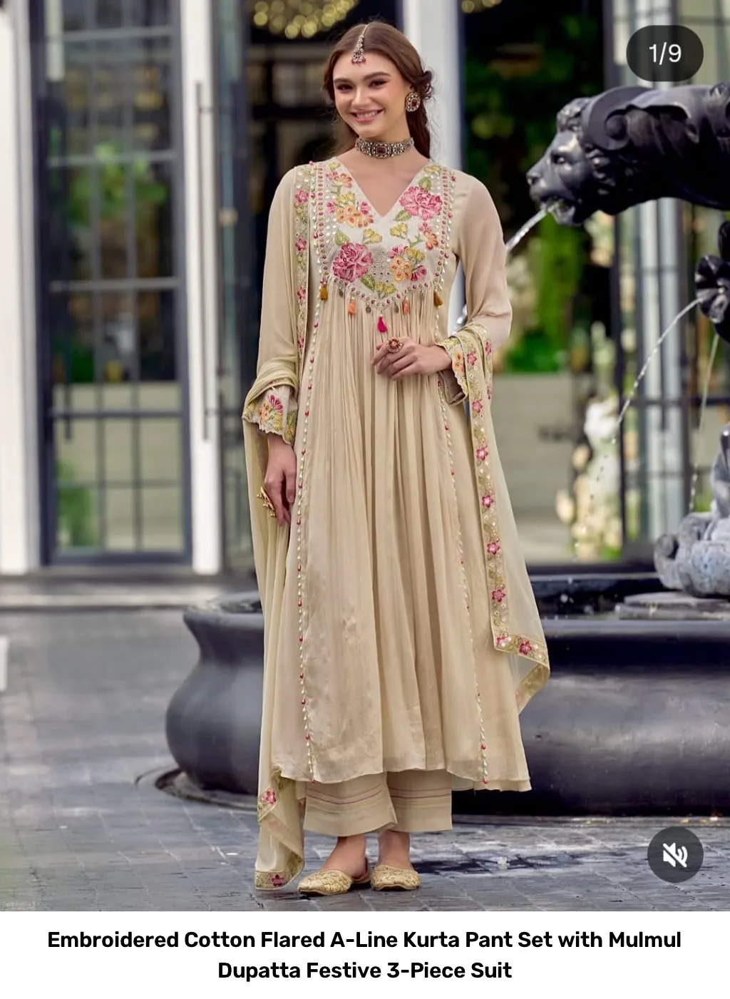 Embroidered Cotton Flared A-Line Kurta Pant Set with Mulmul Dupatta – Festive 3-Piece Suit 14