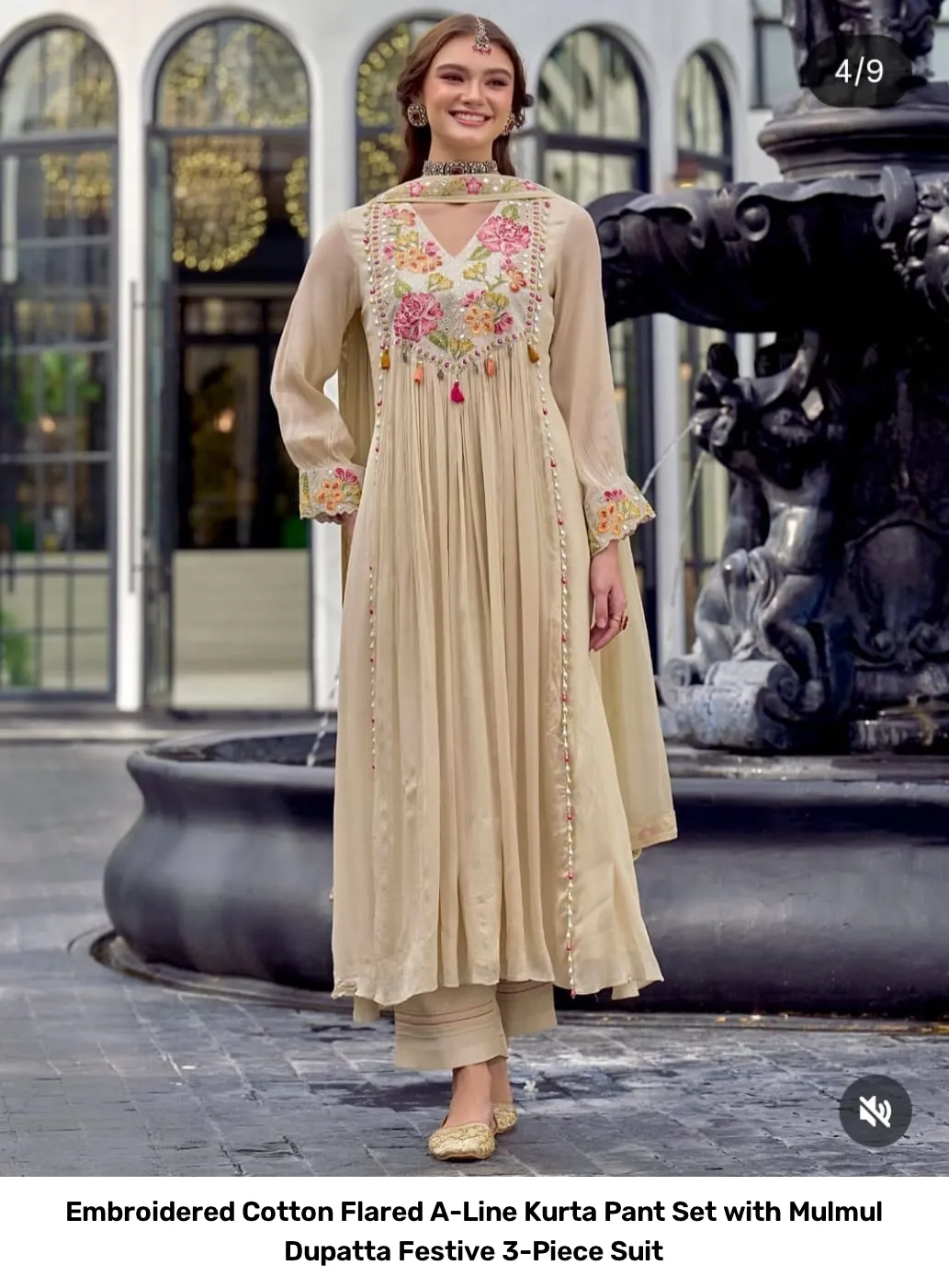 Embroidered Cotton Flared A-Line Kurta Pant Set with Mulmul Dupatta – Festive 3-Piece Suit 15