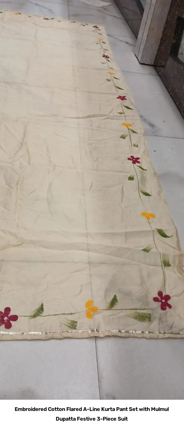 Embroidered Cotton Flared A-Line Kurta Pant Set with Mulmul Dupatta – Festive 3-Piece Suit 16