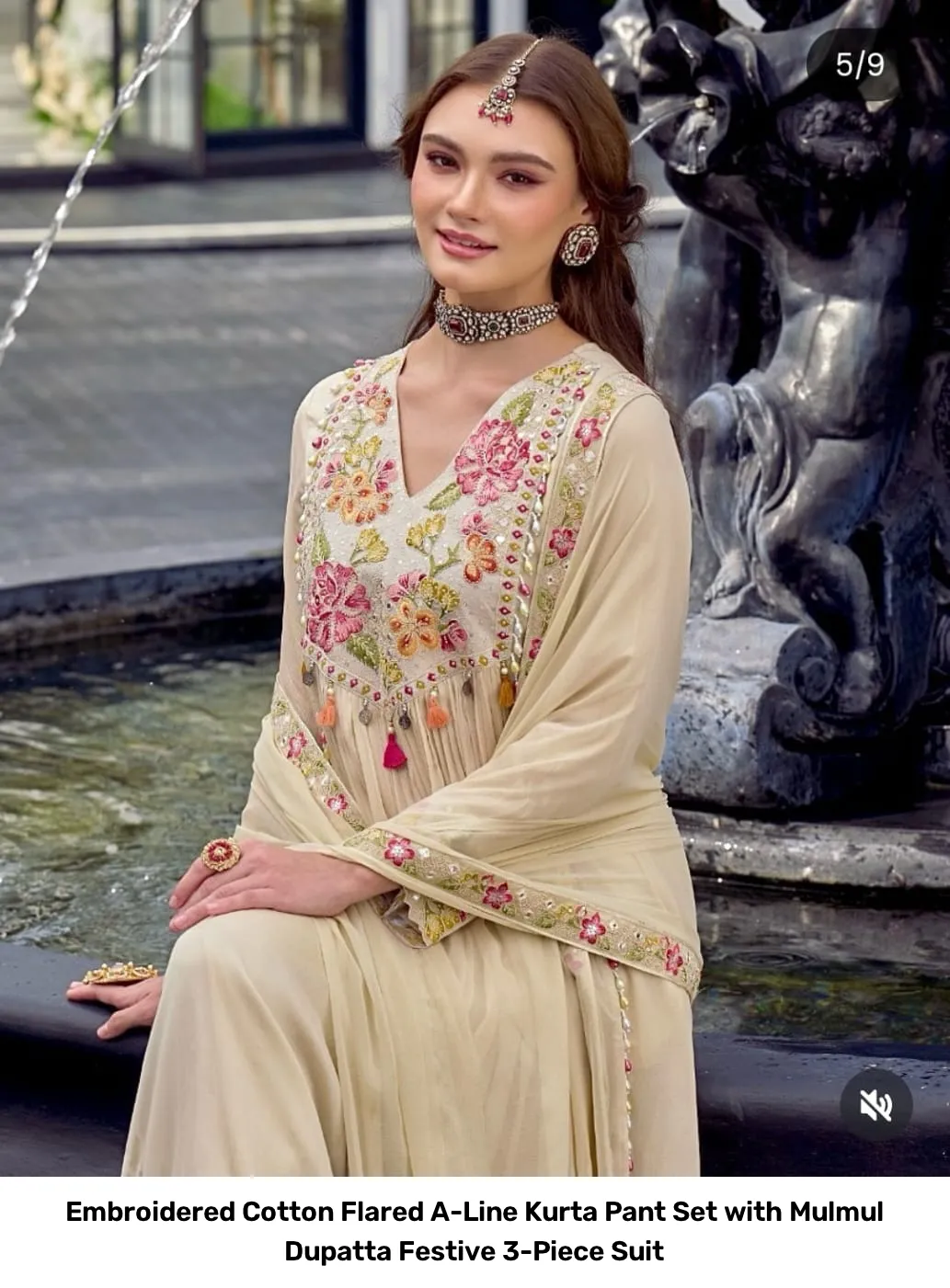 Embroidered Cotton Flared A-Line Kurta Pant Set with Mulmul Dupatta – Festive 3-Piece Suit 2