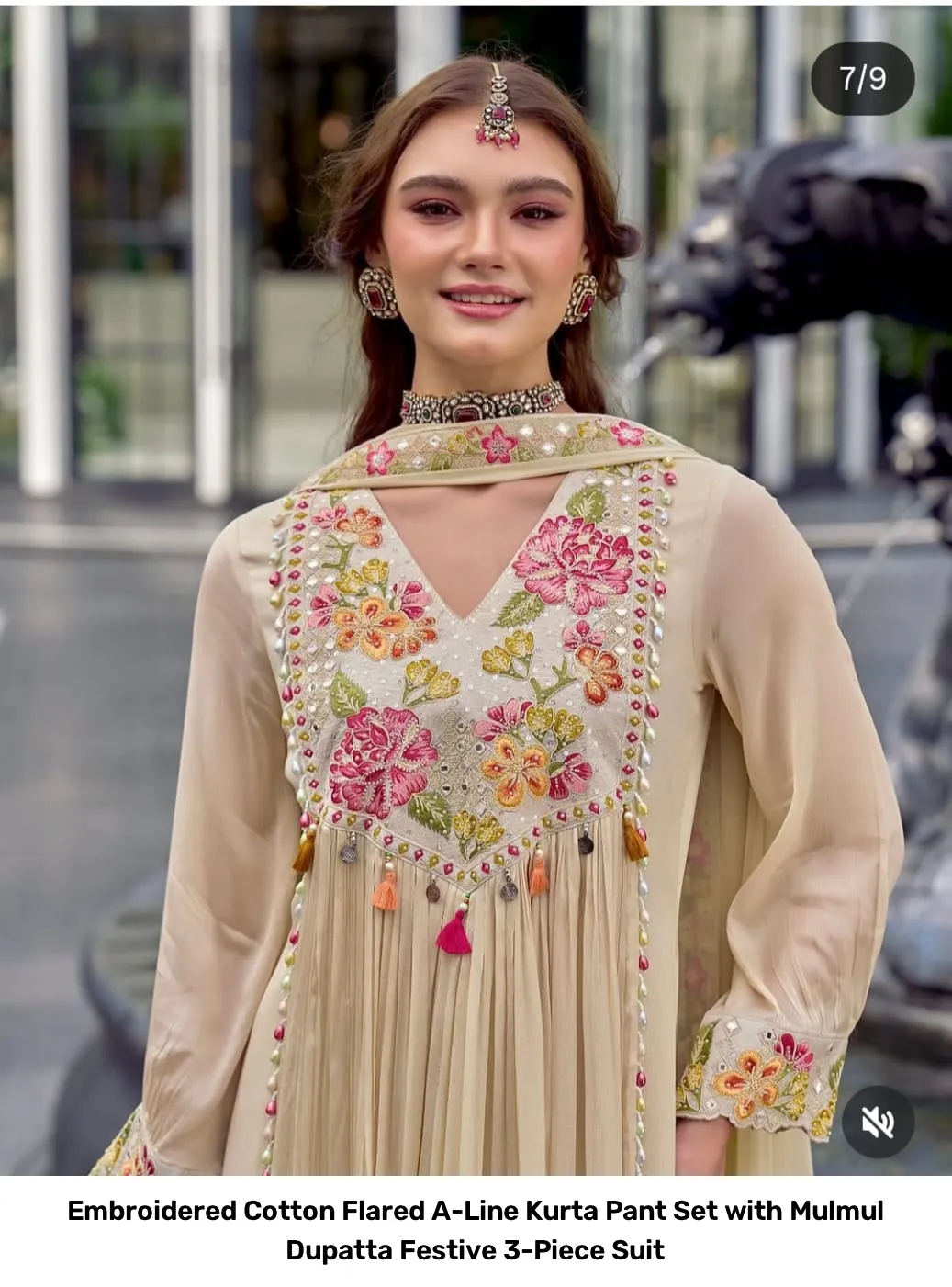 Embroidered Cotton Flared A-Line Kurta Pant Set with Mulmul Dupatta – Festive 3-Piece Suit 4
