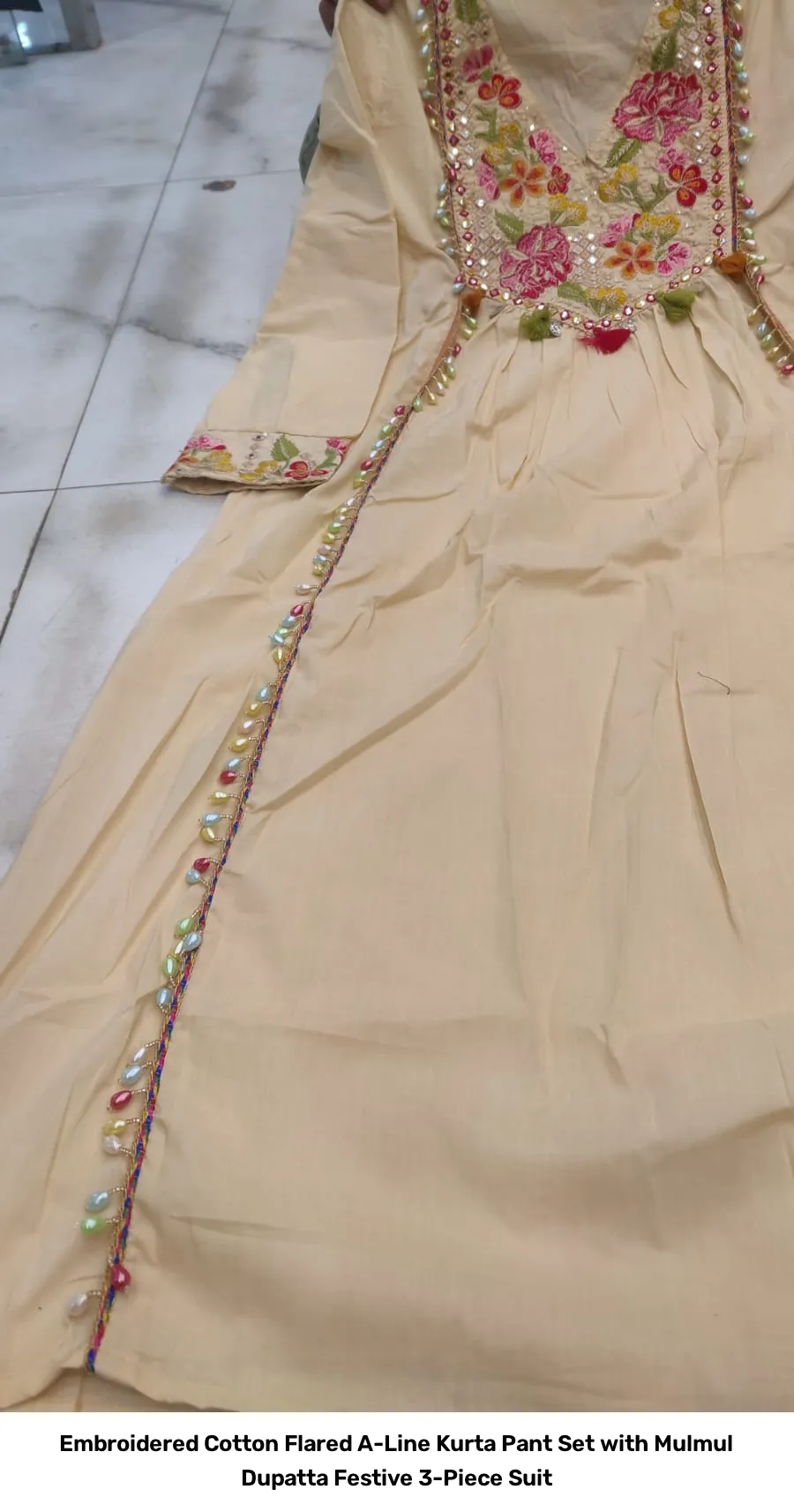 Embroidered Cotton Flared A-Line Kurta Pant Set with Mulmul Dupatta – Festive 3-Piece Suit 5