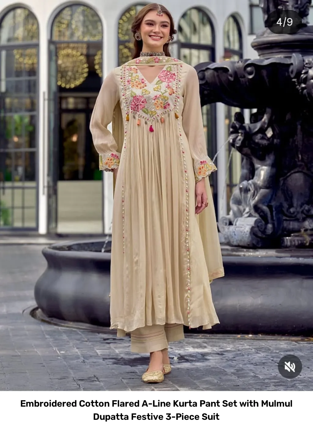 Embroidered Cotton Flared A-Line Kurta Pant Set with Mulmul Dupatta – Festive 3-Piece Suit 6