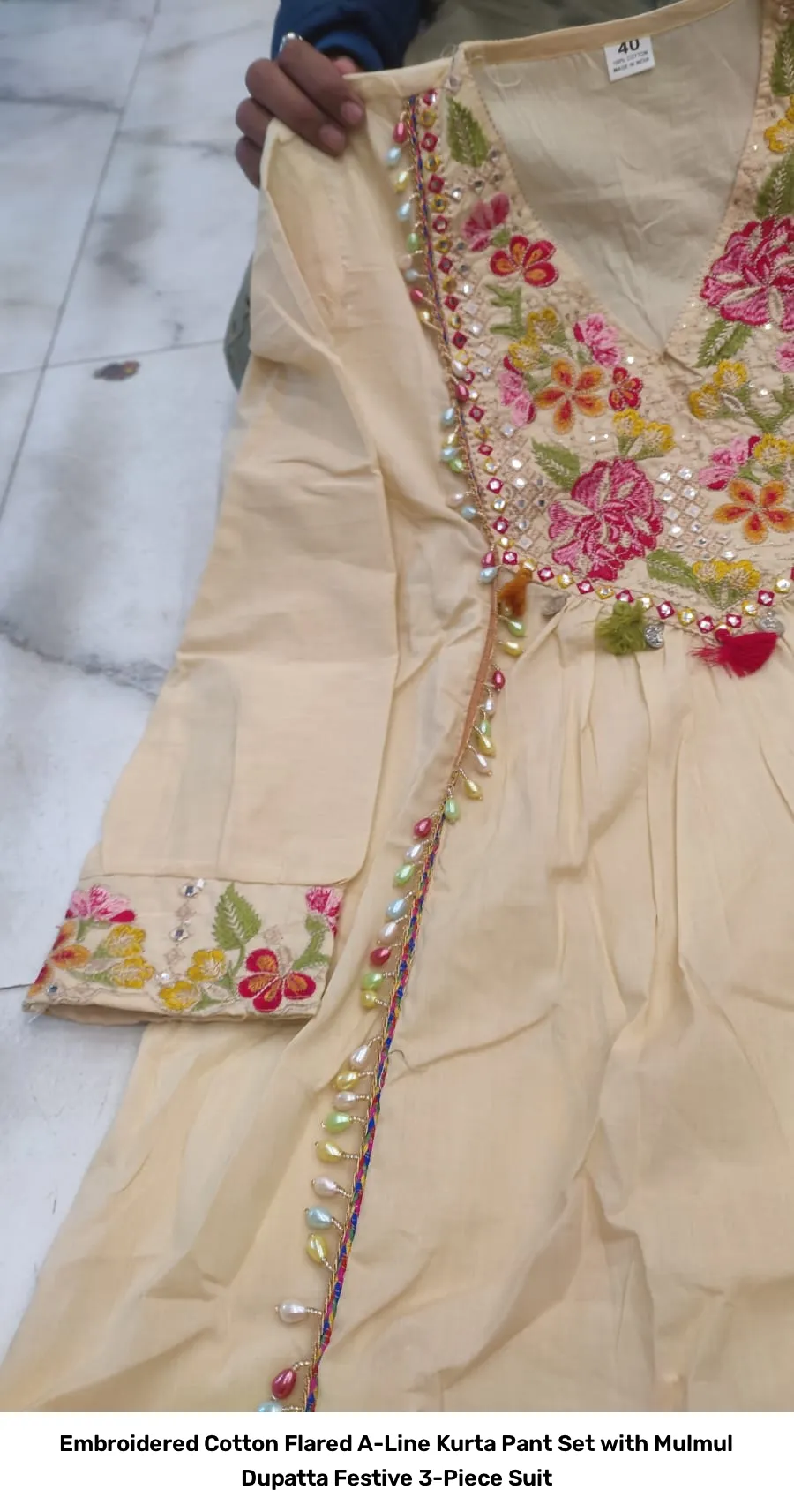 Embroidered Cotton Flared A-Line Kurta Pant Set with Mulmul Dupatta – Festive 3-Piece Suit 7