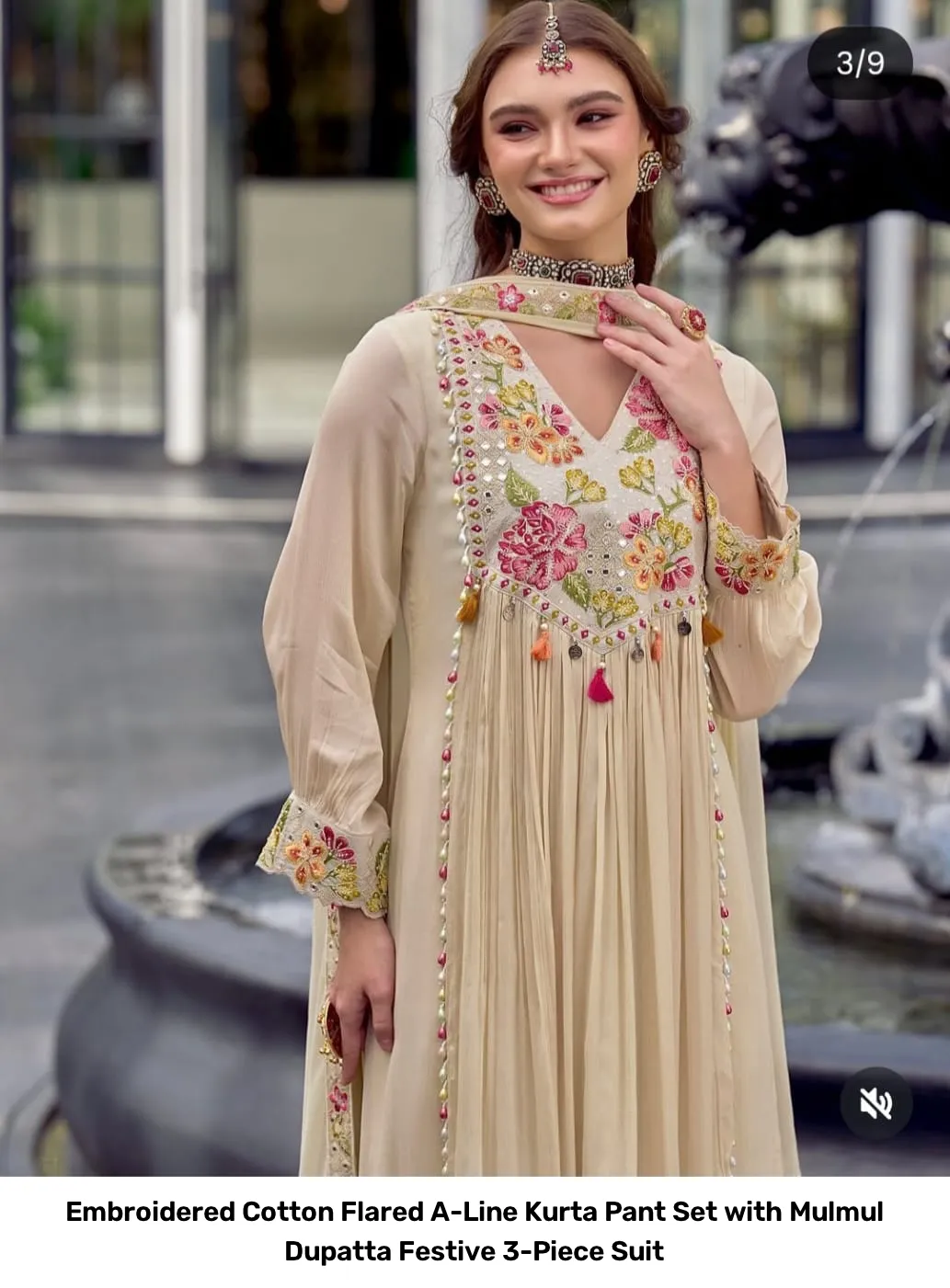 Embroidered Cotton Flared A-Line Kurta Pant Set with Mulmul Dupatta – Festive 3-Piece Suit 8