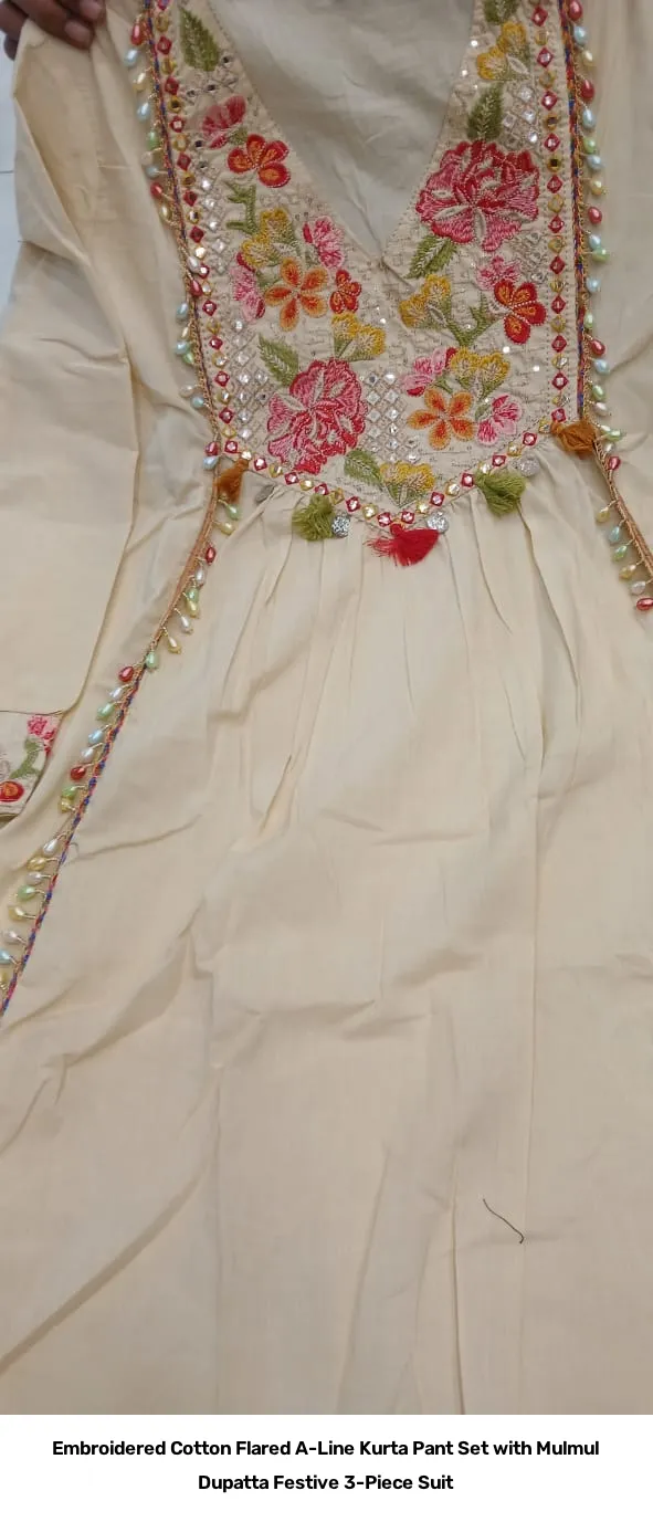 Embroidered Cotton Flared A-Line Kurta Pant Set with Mulmul Dupatta – Festive 3-Piece Suit 9