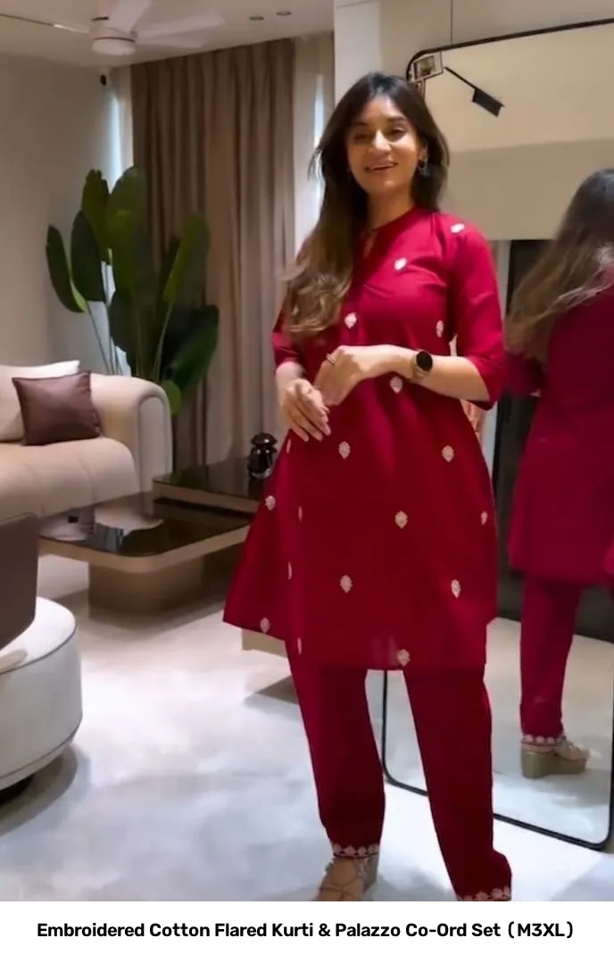 Embroidered Cotton Flared Kurti & Palazzo Co-Ord Set (M–3XL) 8