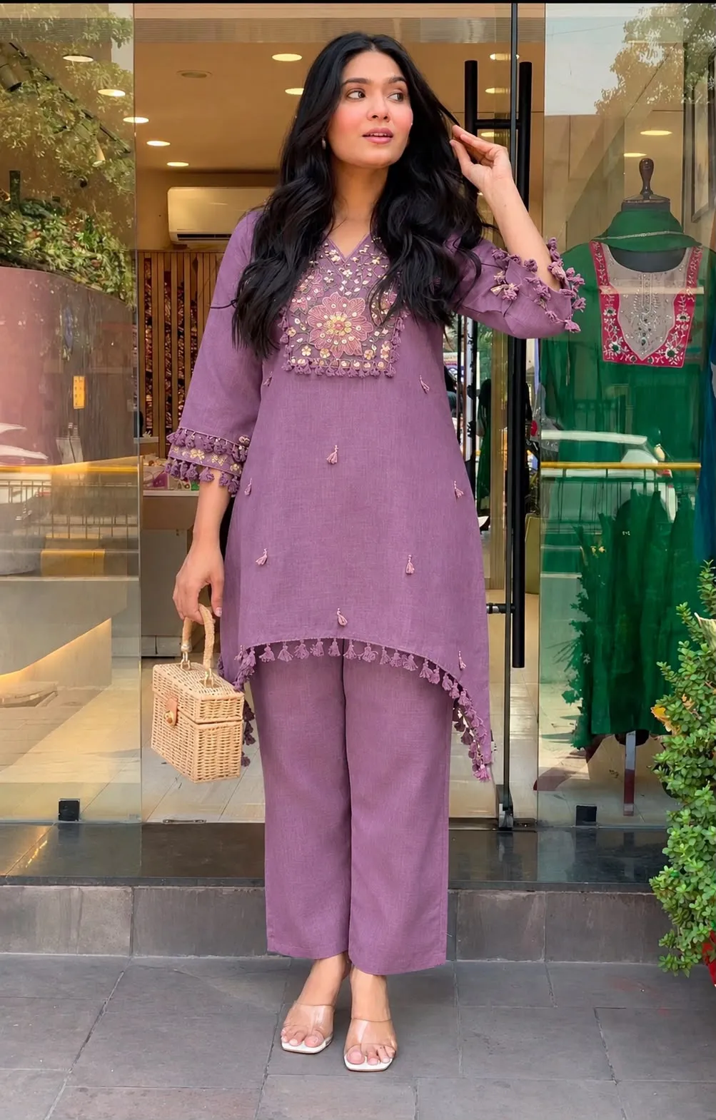 Embroidered Cotton Flax Co-Ord Set with Tassel Lace Work