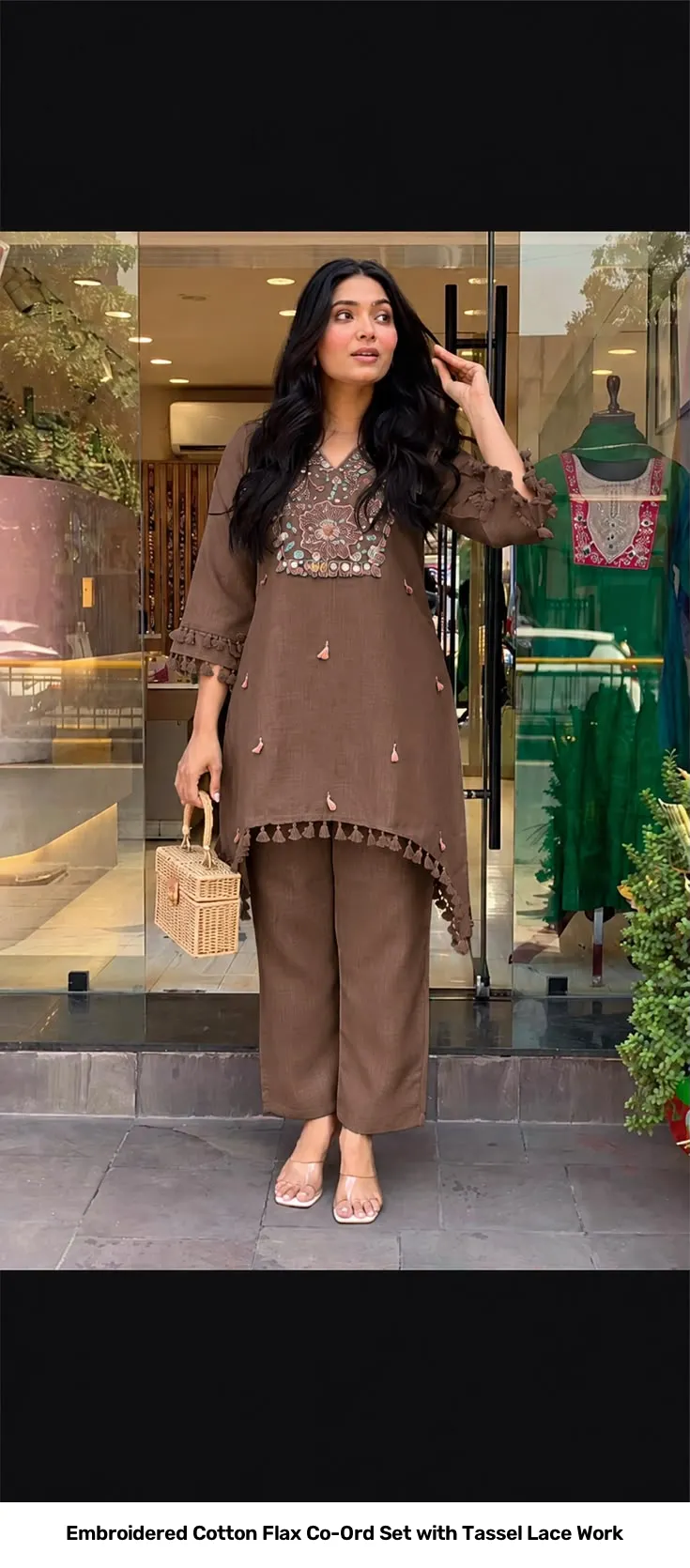 Embroidered Cotton Flax Co-Ord Set with Tassel Lace Work 10