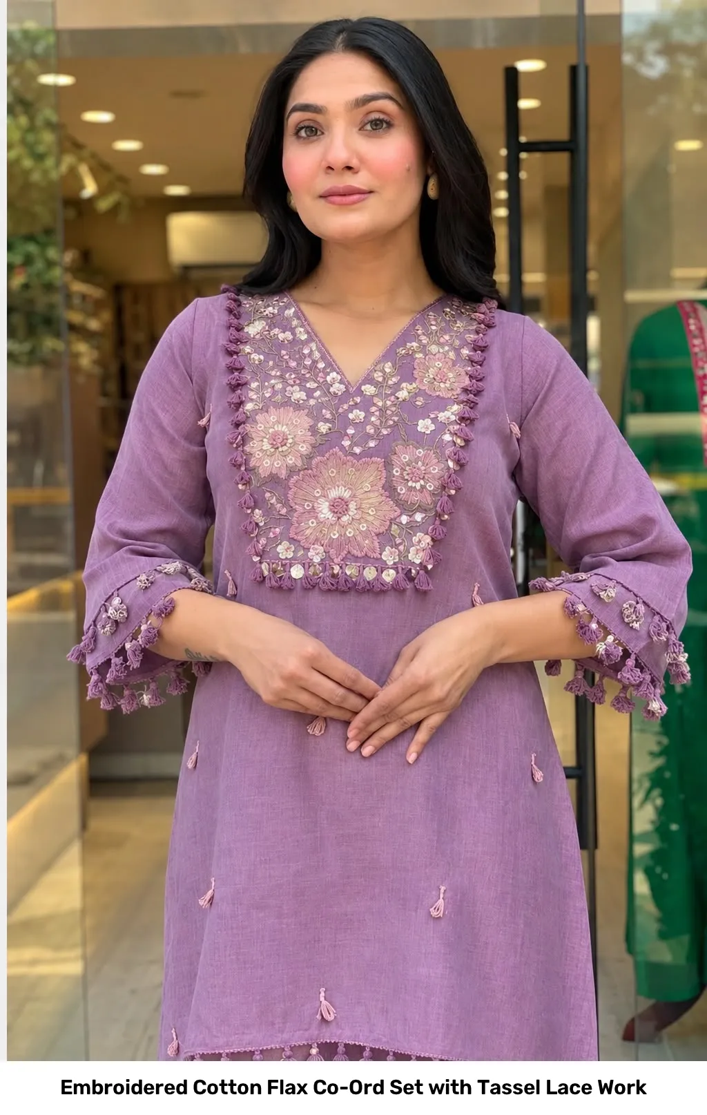 Embroidered Cotton Flax Co-Ord Set with Tassel Lace Work 2