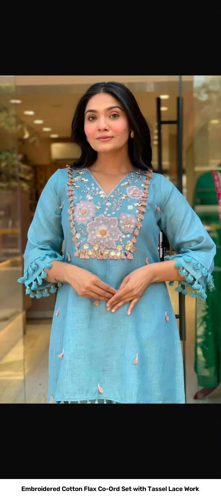 Embroidered Cotton Flax Co-Ord Set with Tassel Lace Work 3