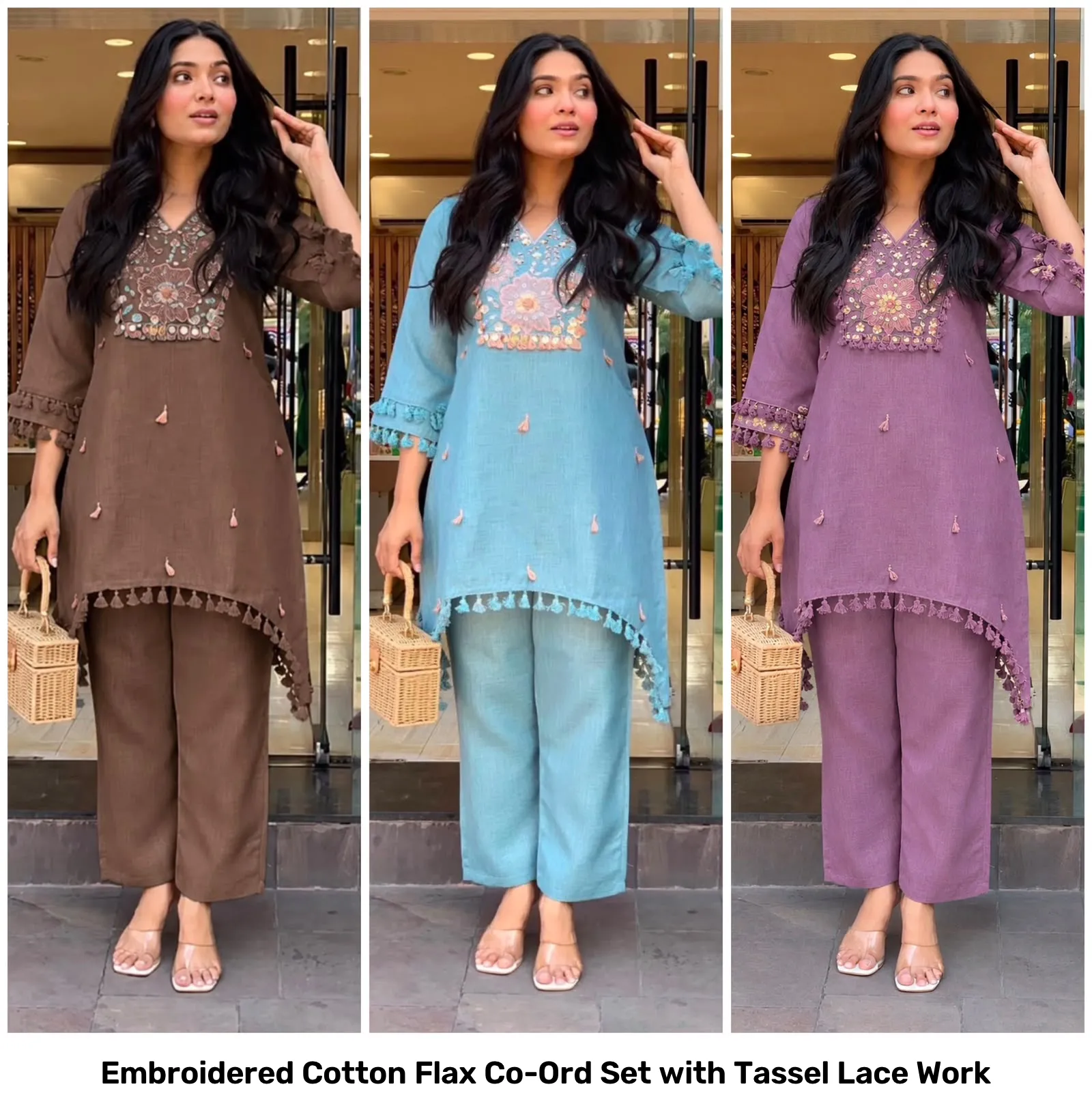Embroidered Cotton Flax Co-Ord Set with Tassel Lace Work 4