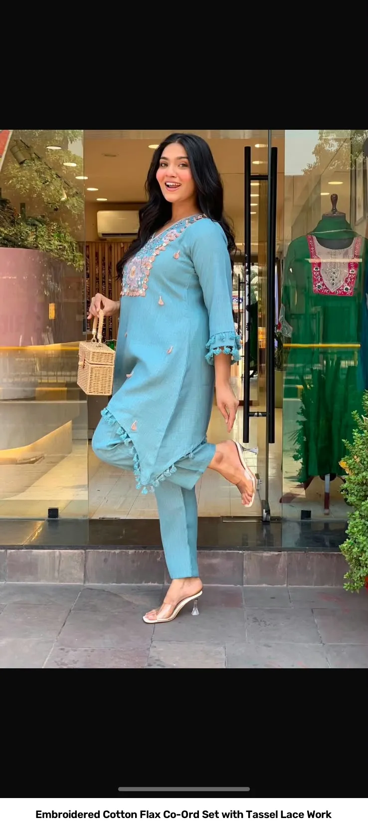 Embroidered Cotton Flax Co-Ord Set with Tassel Lace Work 5