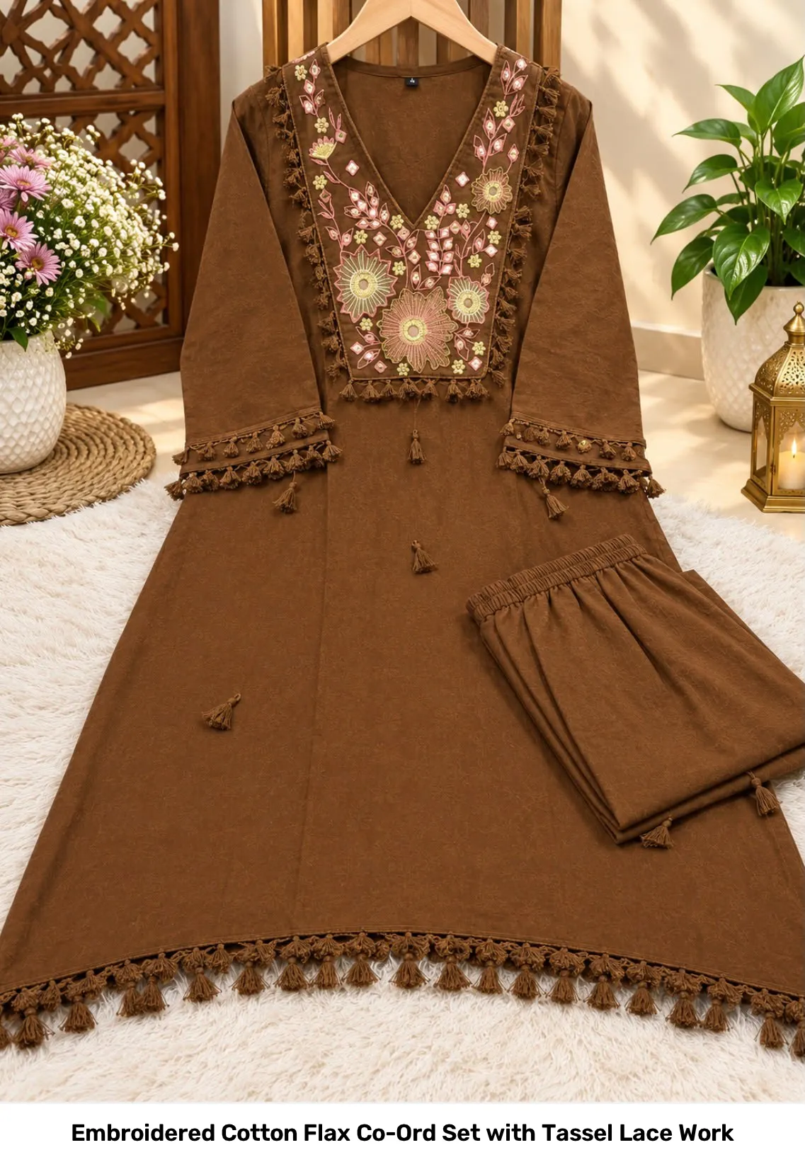 Embroidered Cotton Flax Co-Ord Set with Tassel Lace Work 6