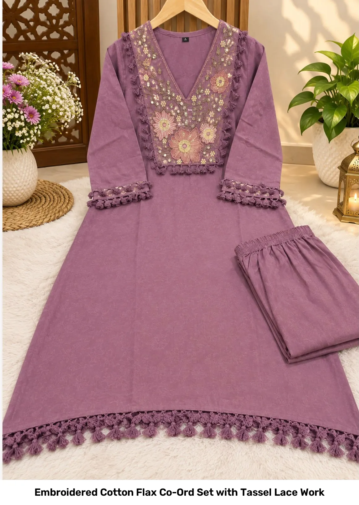 Embroidered Cotton Flax Co-Ord Set with Tassel Lace Work 7