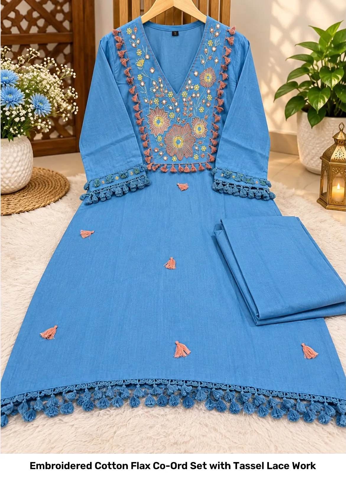 Embroidered Cotton Flax Co-Ord Set with Tassel Lace Work 8