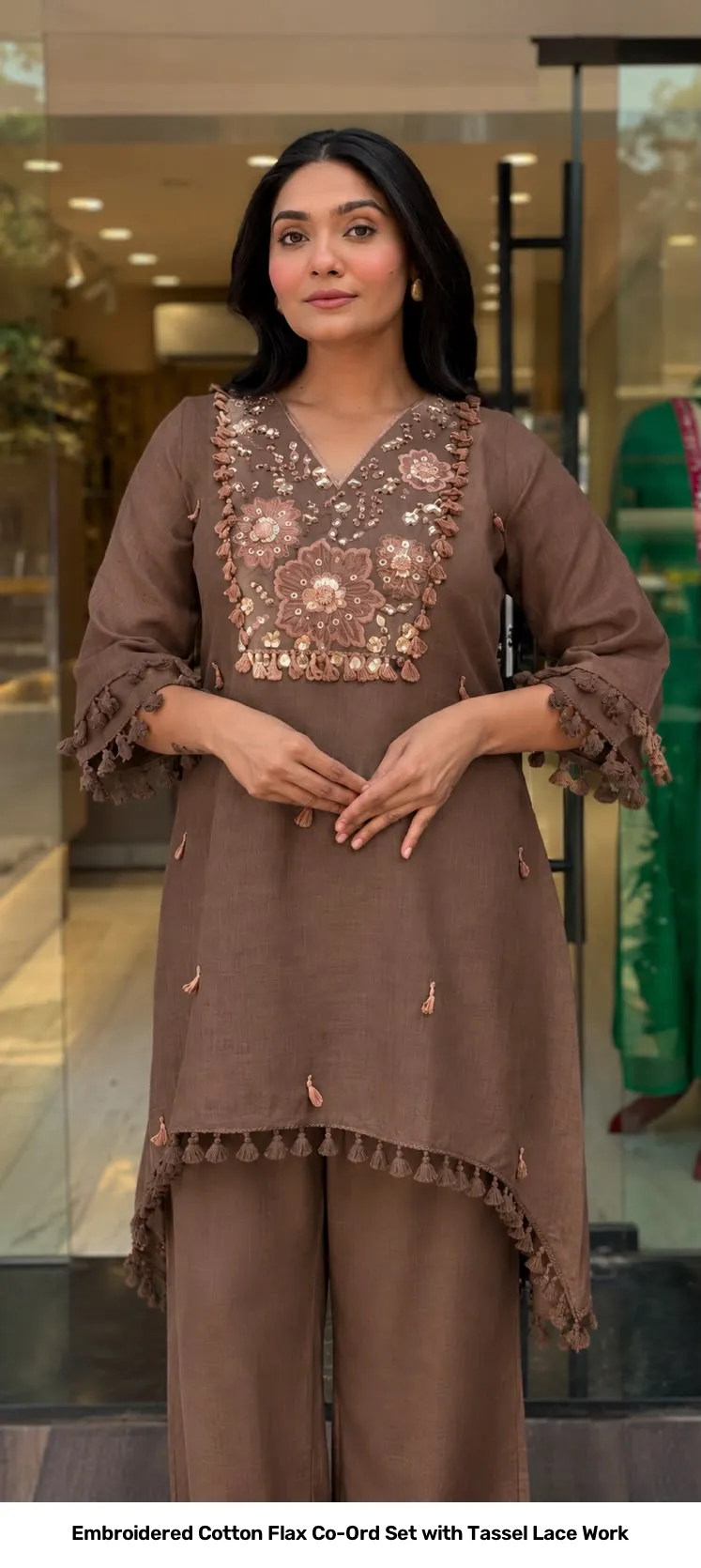 Embroidered Cotton Flax Co-Ord Set with Tassel Lace Work 9