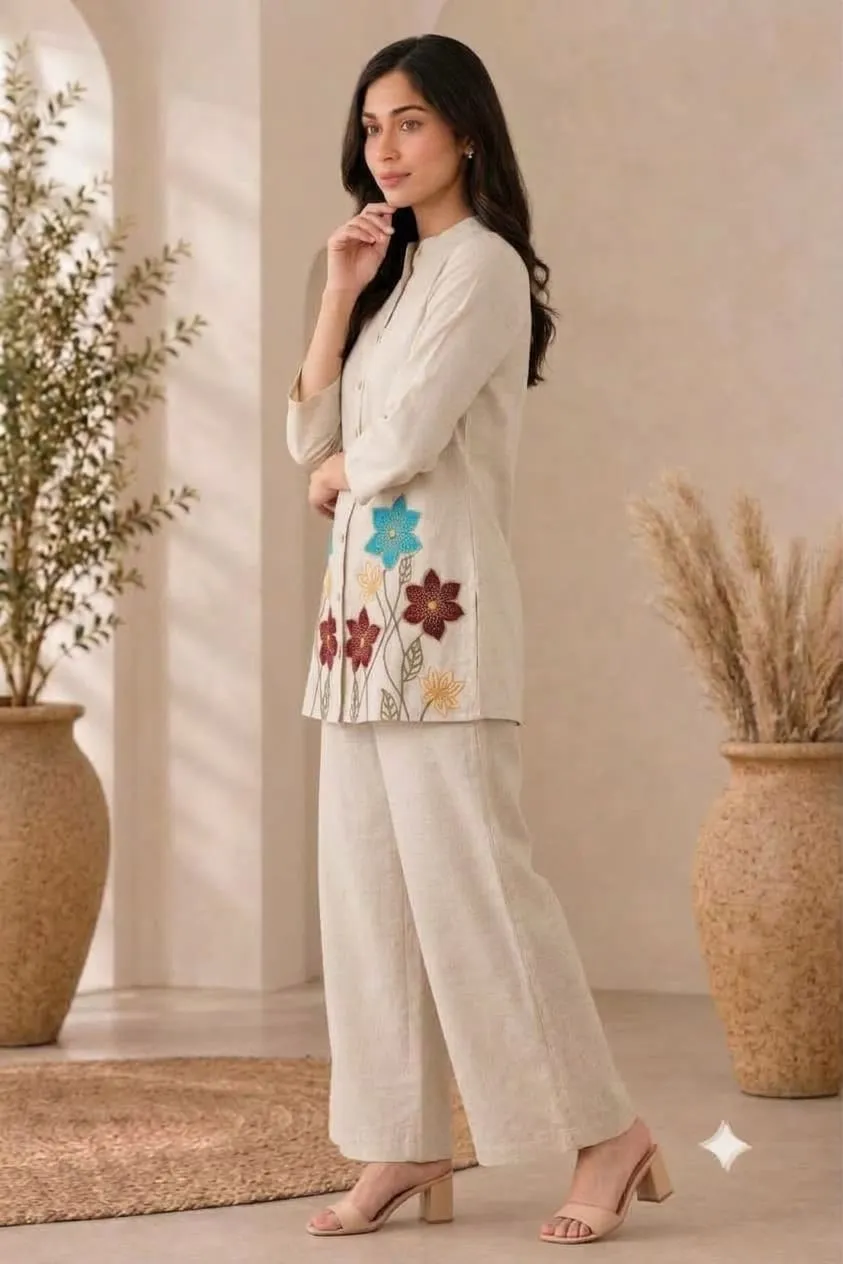 Embroidered Cotton Flex Co-ord Set with Palazzo Pants | Women's Tunic Top with Pockets 2-Piece Suit